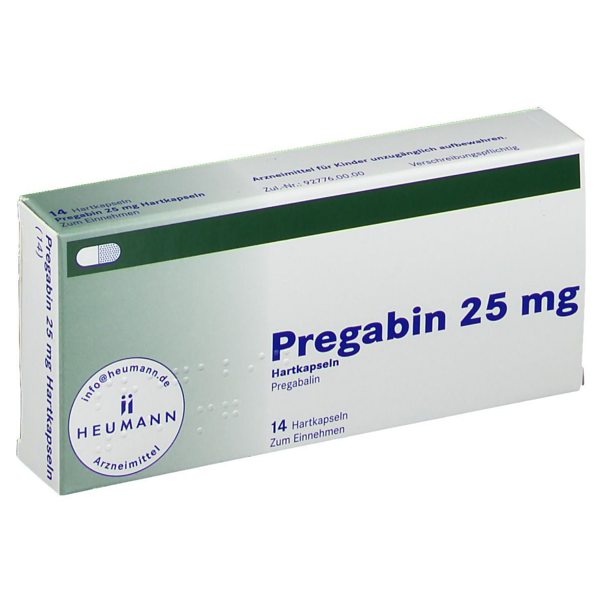 Schachtel mit PREGABIN 25 mg Hartkapseln. Blaue Schrift auf weißem Grund. 14 Kapseln. Heumann Logo.