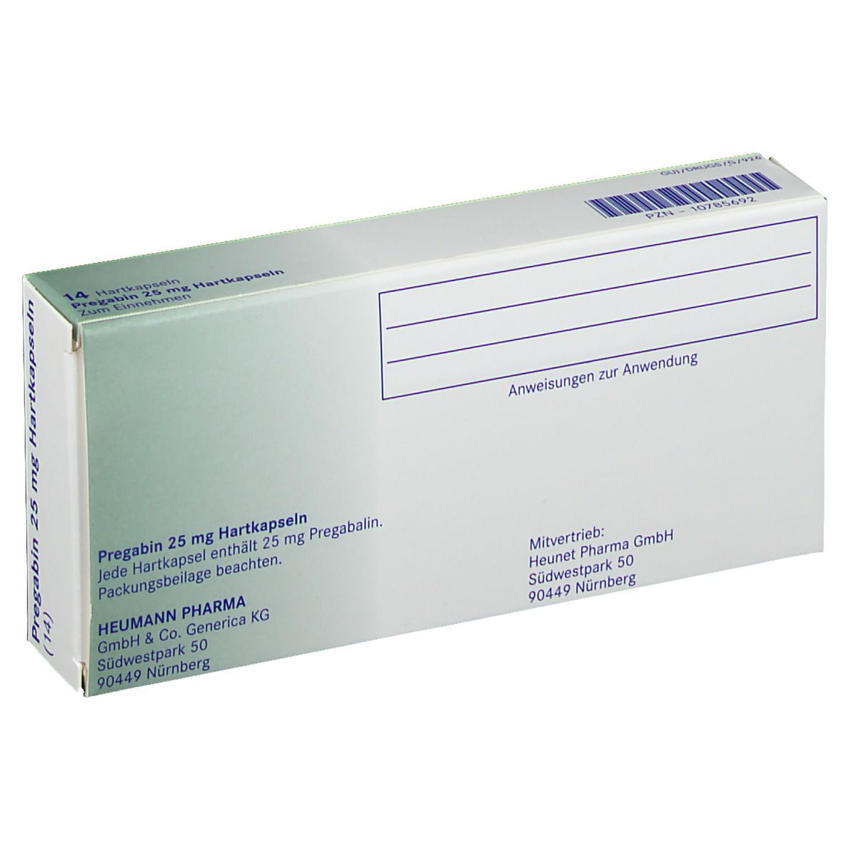 Rückseite der PREGABIN 25 mg Hartkapseln-Schachtel. Text und Barcode. Heumann Pharma GmbH.