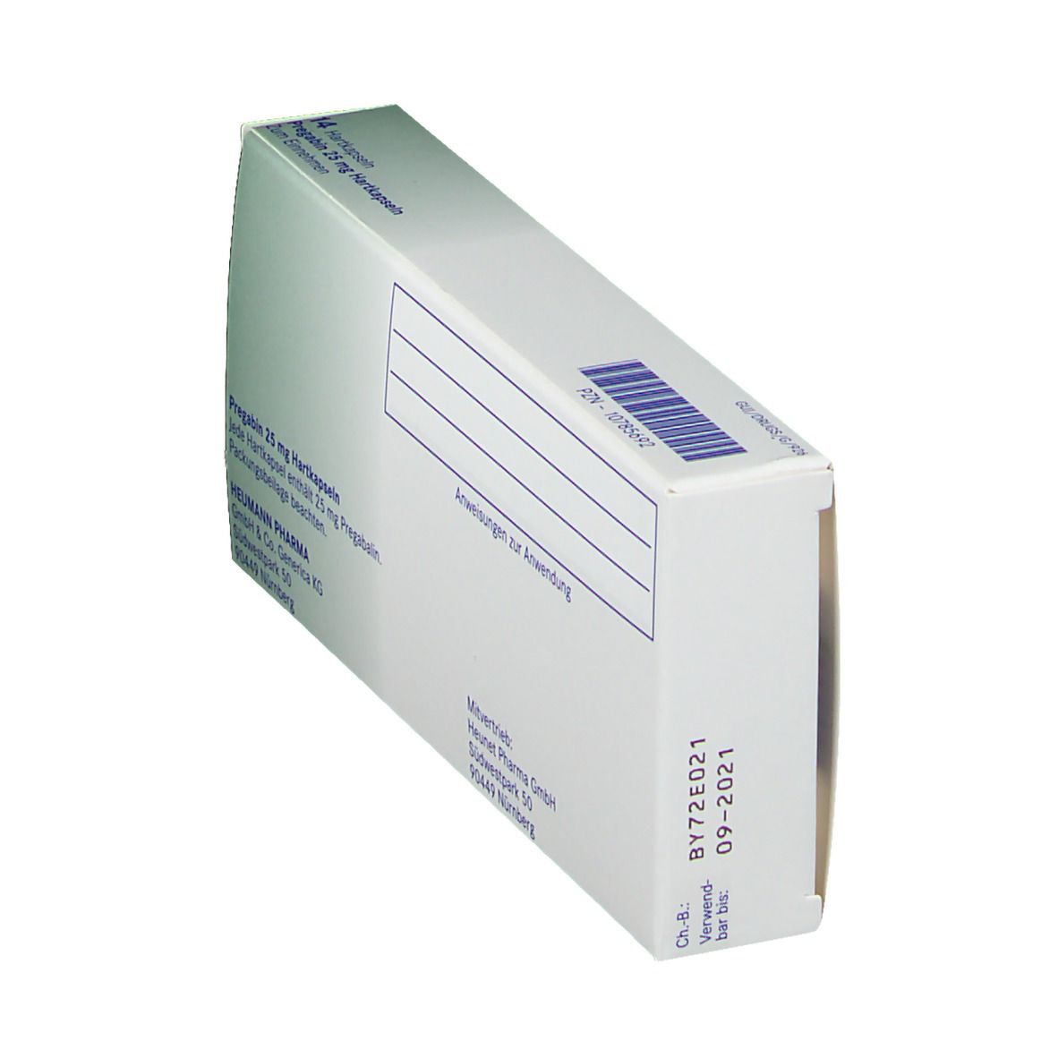 Seitenansicht der PREGABIN 25 mg Hartkapseln-Schachtel. Text und Barcode. Heumann Pharma GmbH.