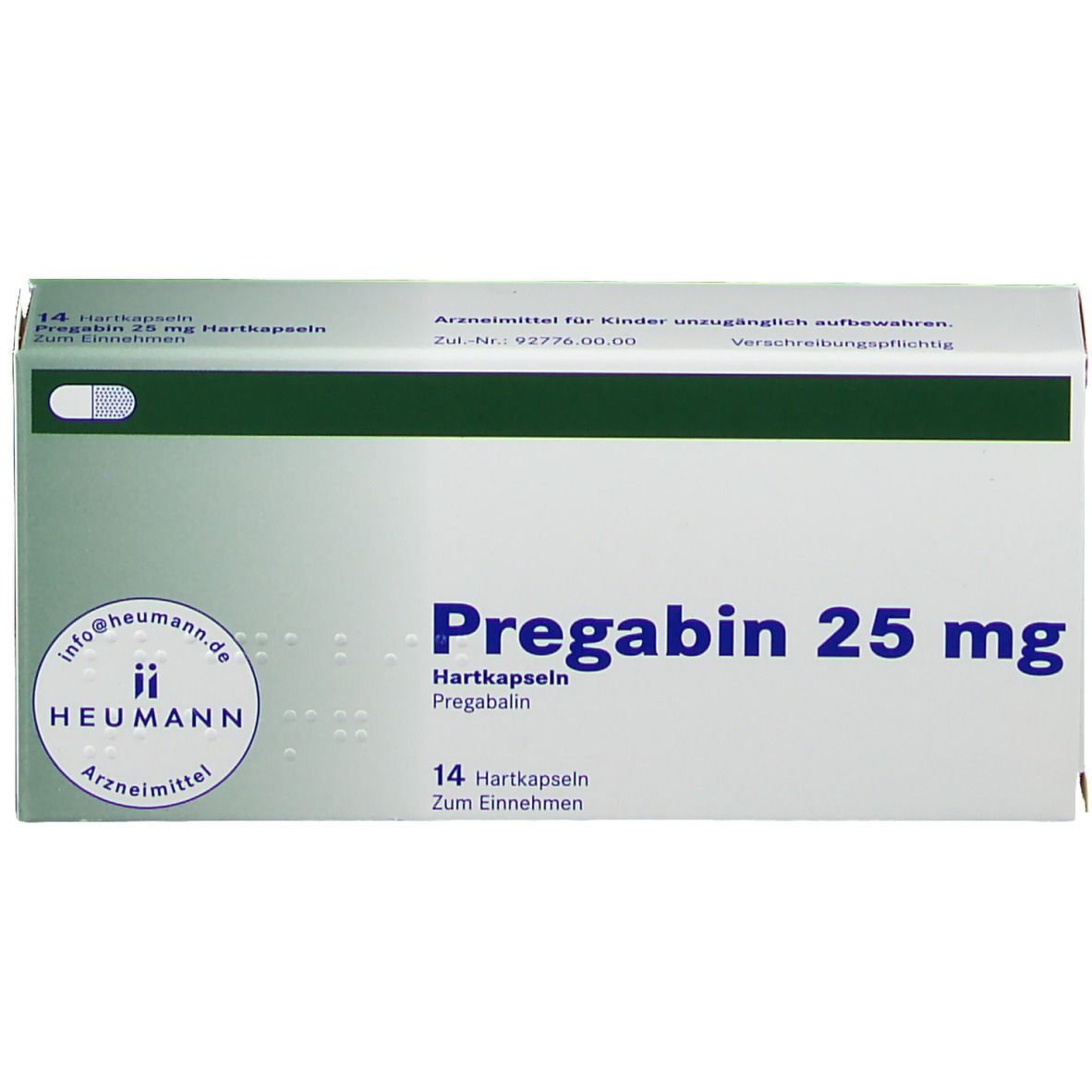 Schachtel PREGABIN 25 mg Hartkapseln. Blaue Schrift auf weißem Grund. 14 Kapseln. Heumann Logo.