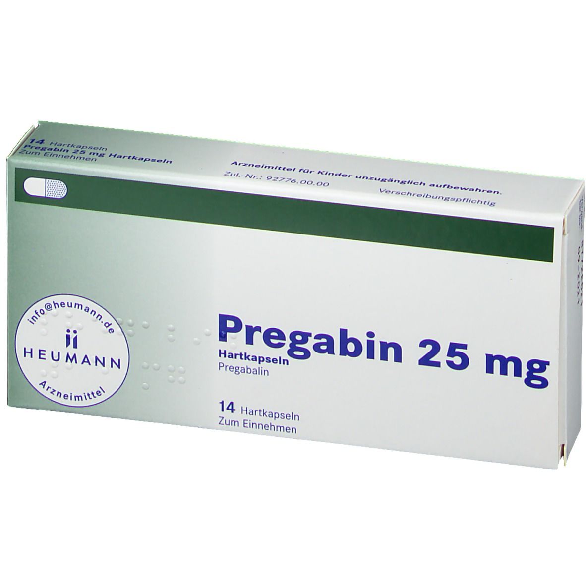 Schachtel PREGABIN 25 mg Hartkapseln. Blaue Schrift auf weißem Grund. 14 Kapseln. Heumann Logo.