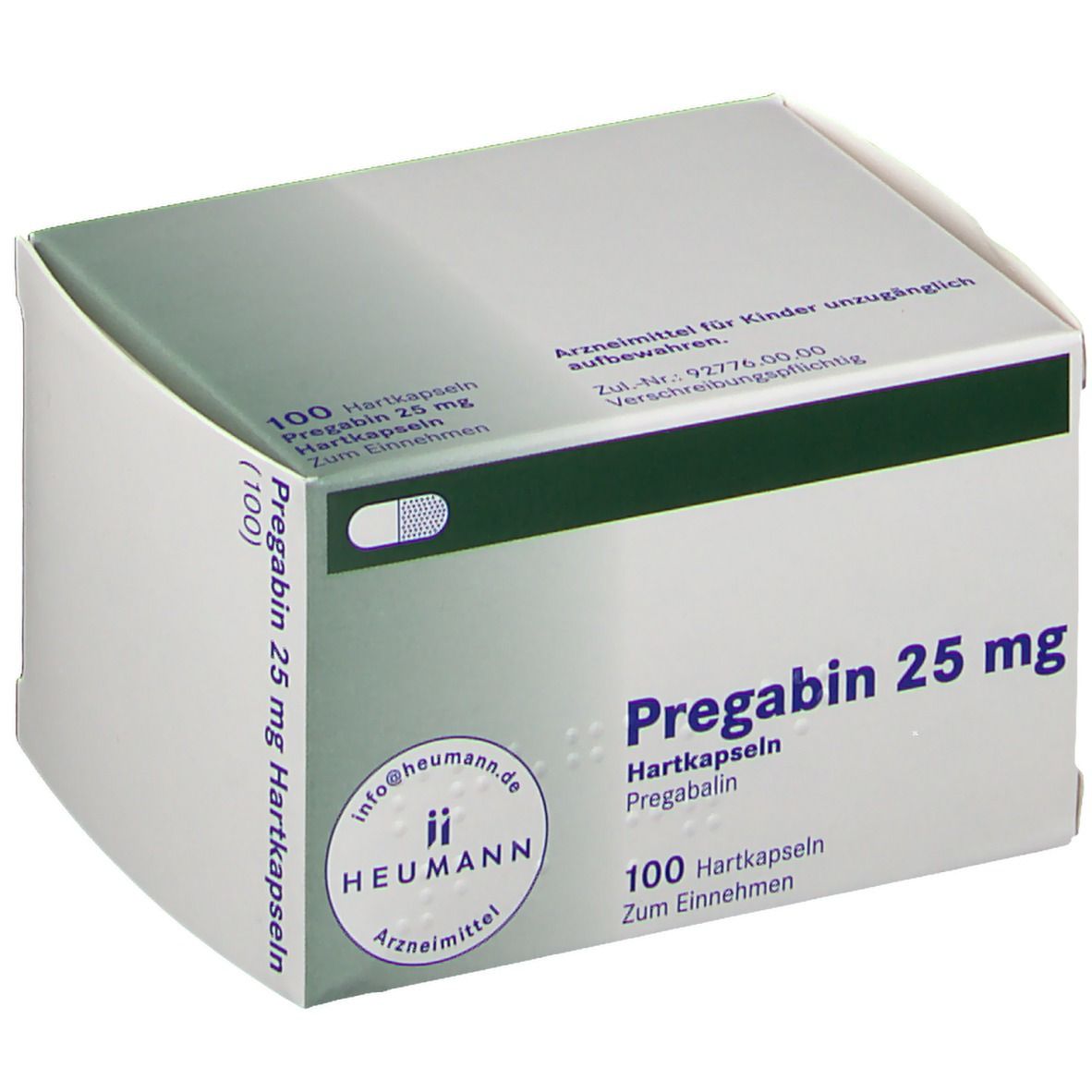 Schachtel mit PREGABIN 25 mg Hartkapseln. Aufschrift: 100 Hartkapseln. Heumann Logo. Grün-weiße Verpackung.