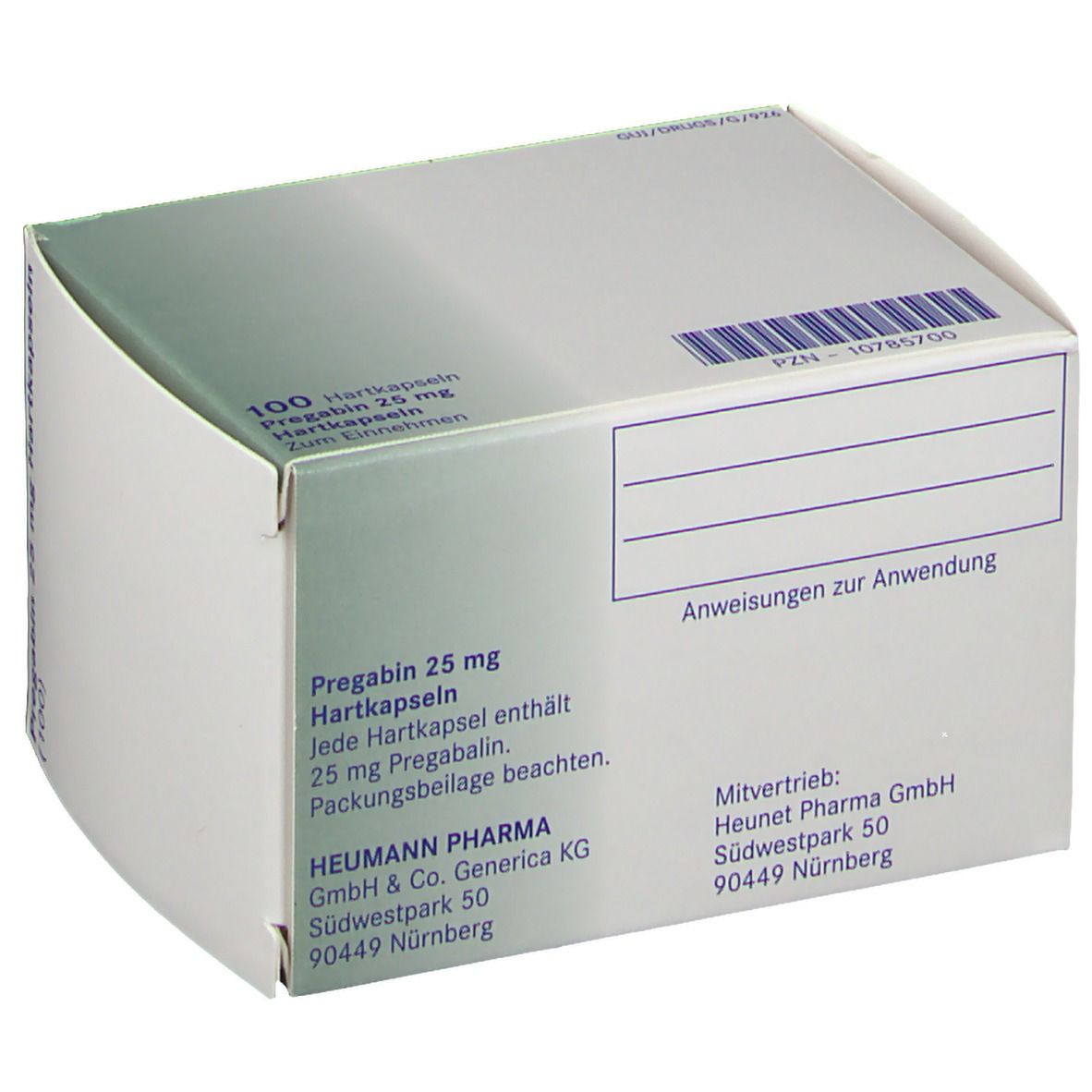 Schachtel PREGABIN 25 mg Hartkapseln. Aufschrift: 100 Hartkapseln. Heumann Logo. Barcode. Grün-weiße Verpackung.