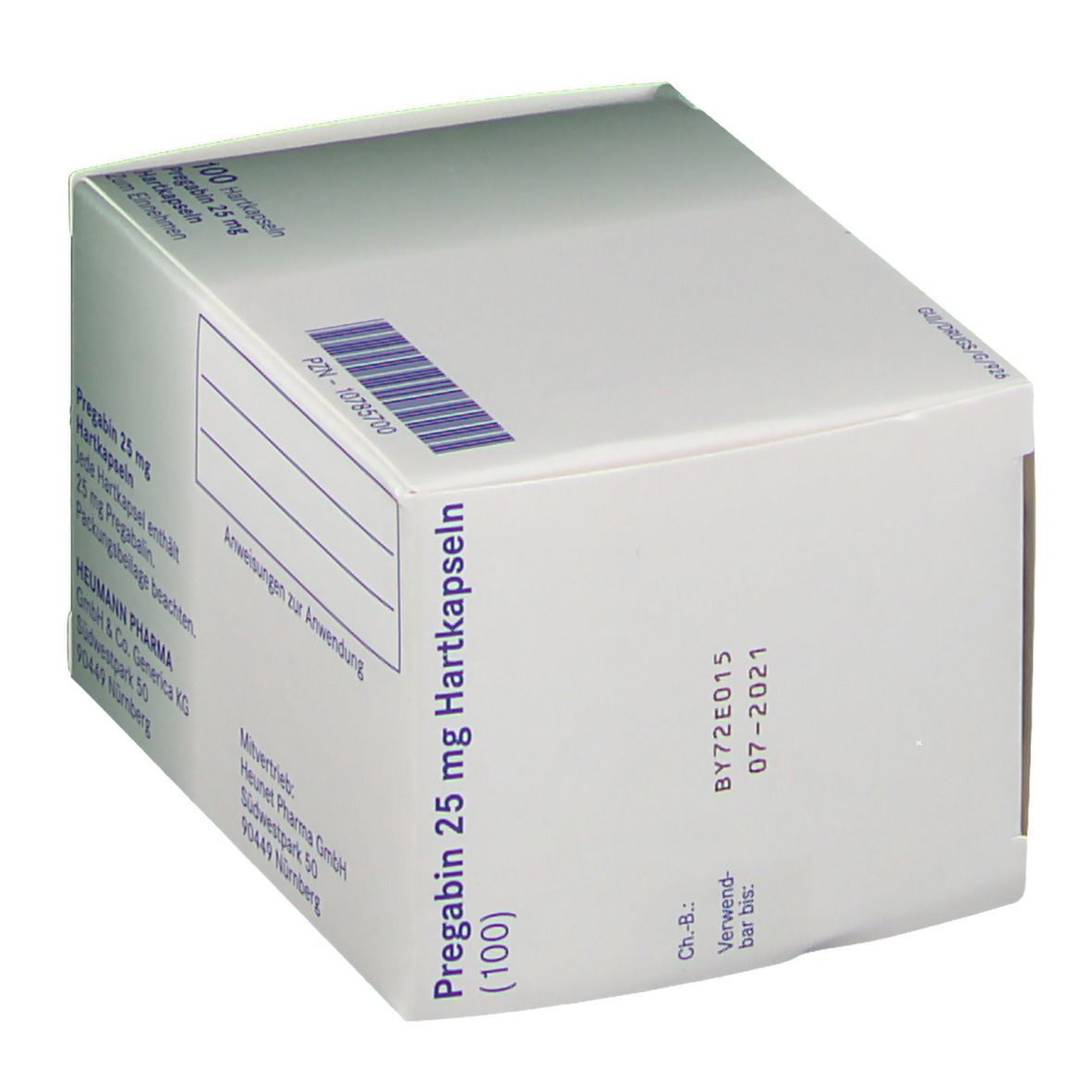 Schachtel PREGABIN 25 mg Hartkapseln. Aufschrift: 100 Hartkapseln. Heumann Logo. Verfallsdatum 07-2021. Grün-weiße Verpackung.