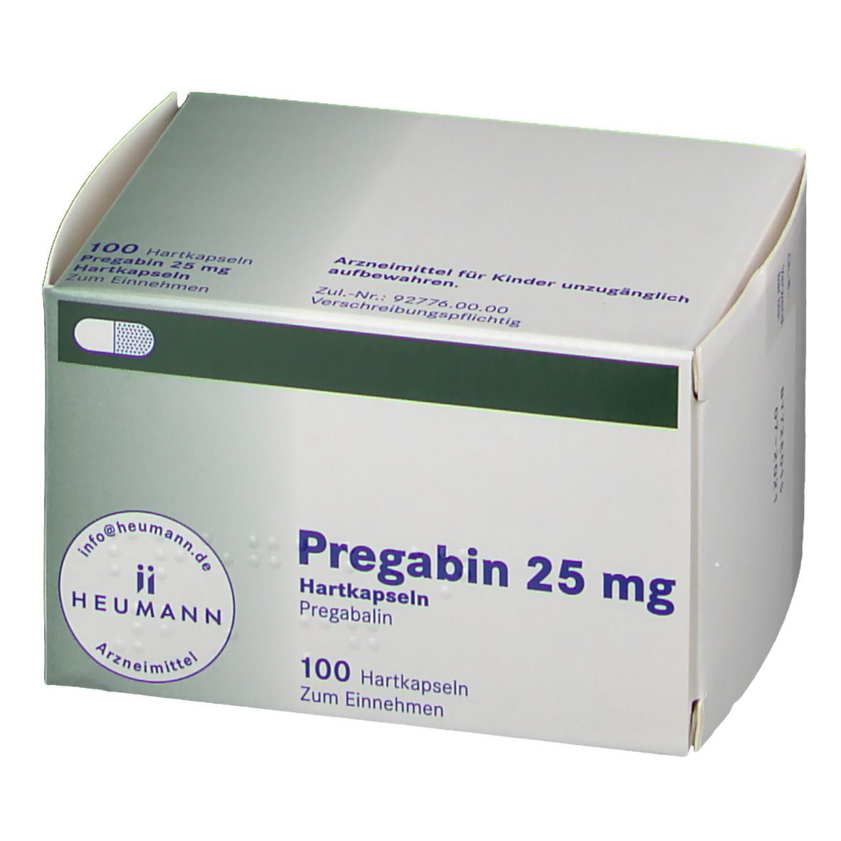 Schachtel PREGABIN 25 mg Hartkapseln. Aufschrift: 100 Hartkapseln. Heumann Logo. Grün-weiße Verpackung.