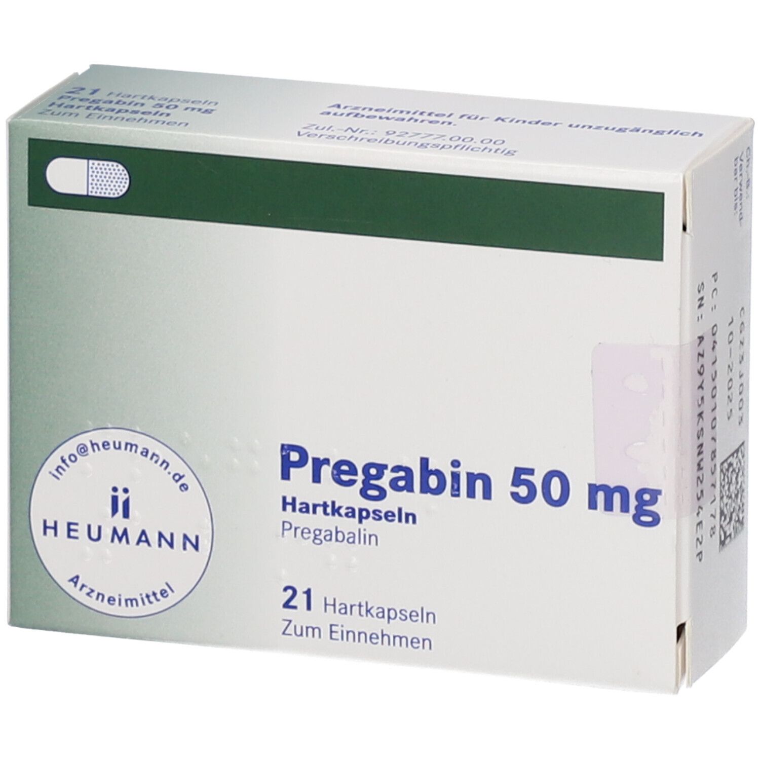 Schachtel mit PREGABIN 50 mg Hartkapseln. Aufschrift: 21 Hartkapseln. Logo HEUMANN. Arzneimittel.