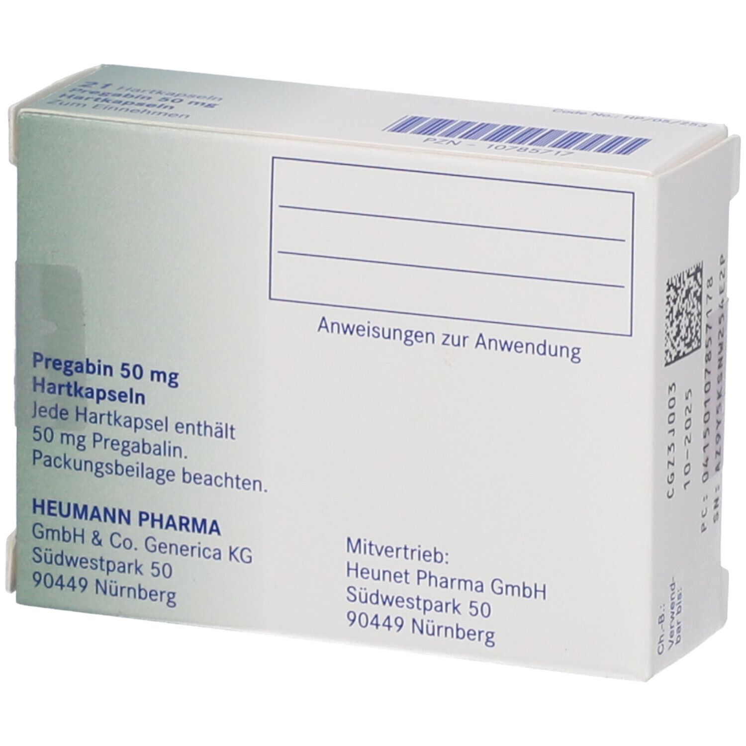 Rückseite der Schachtel PREGABIN 50 mg Hartkapseln. Text: Anweisungen zur Anwendung. HEUMANN PHARMA.
