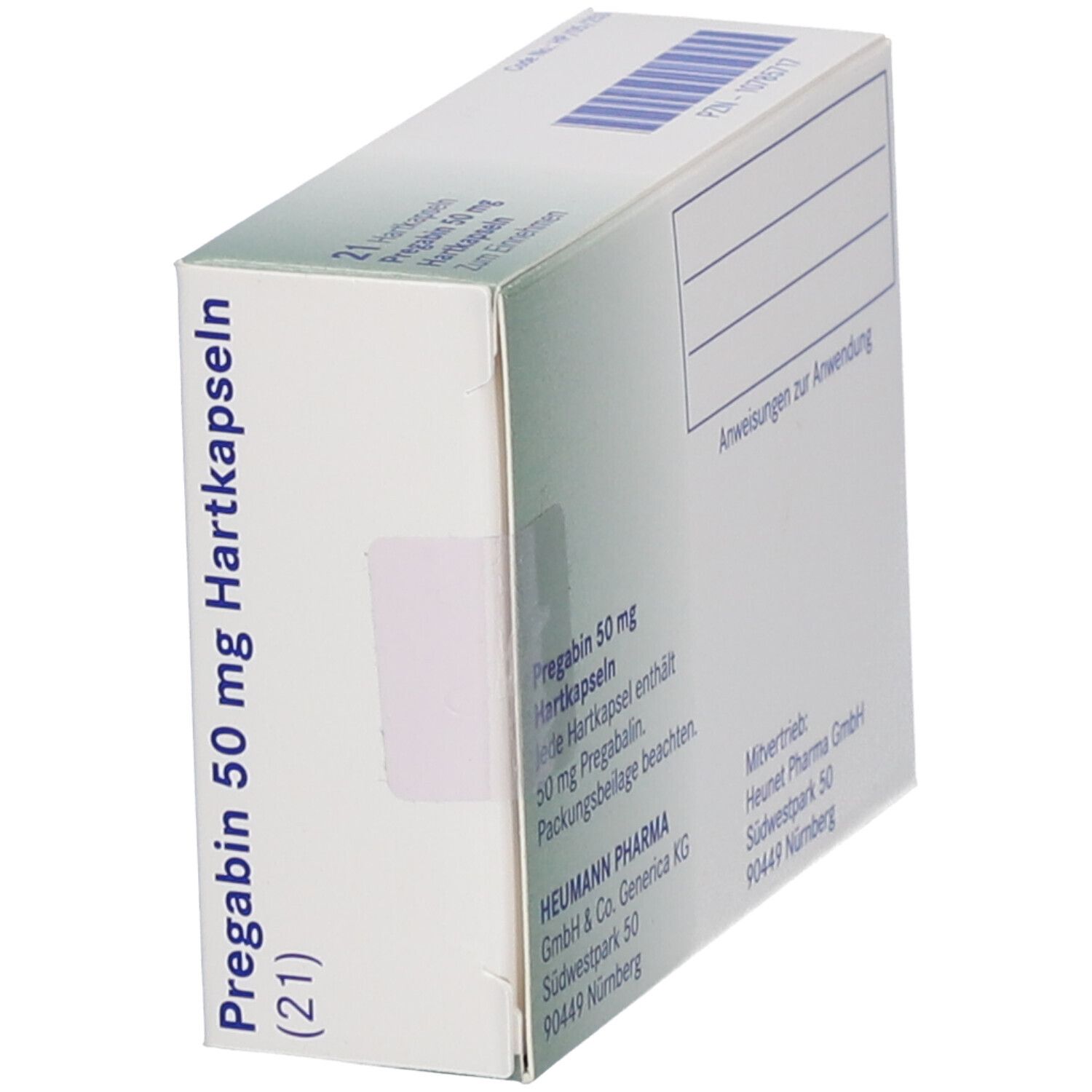 Schachtel PREGABIN 50 mg Hartkapseln, schräg. Aufschrift: 21 Hartkapseln. HEUMANN PHARMA.