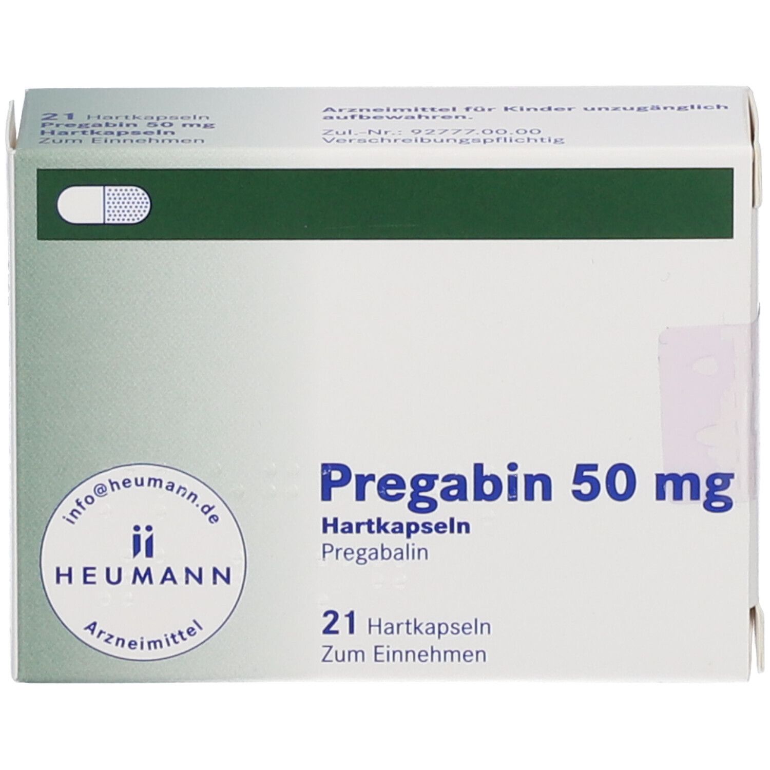 Schachtel mit PREGABIN 50 mg Hartkapseln. Aufschrift: 21 Hartkapseln. Logo HEUMANN. Arzneimittel.
