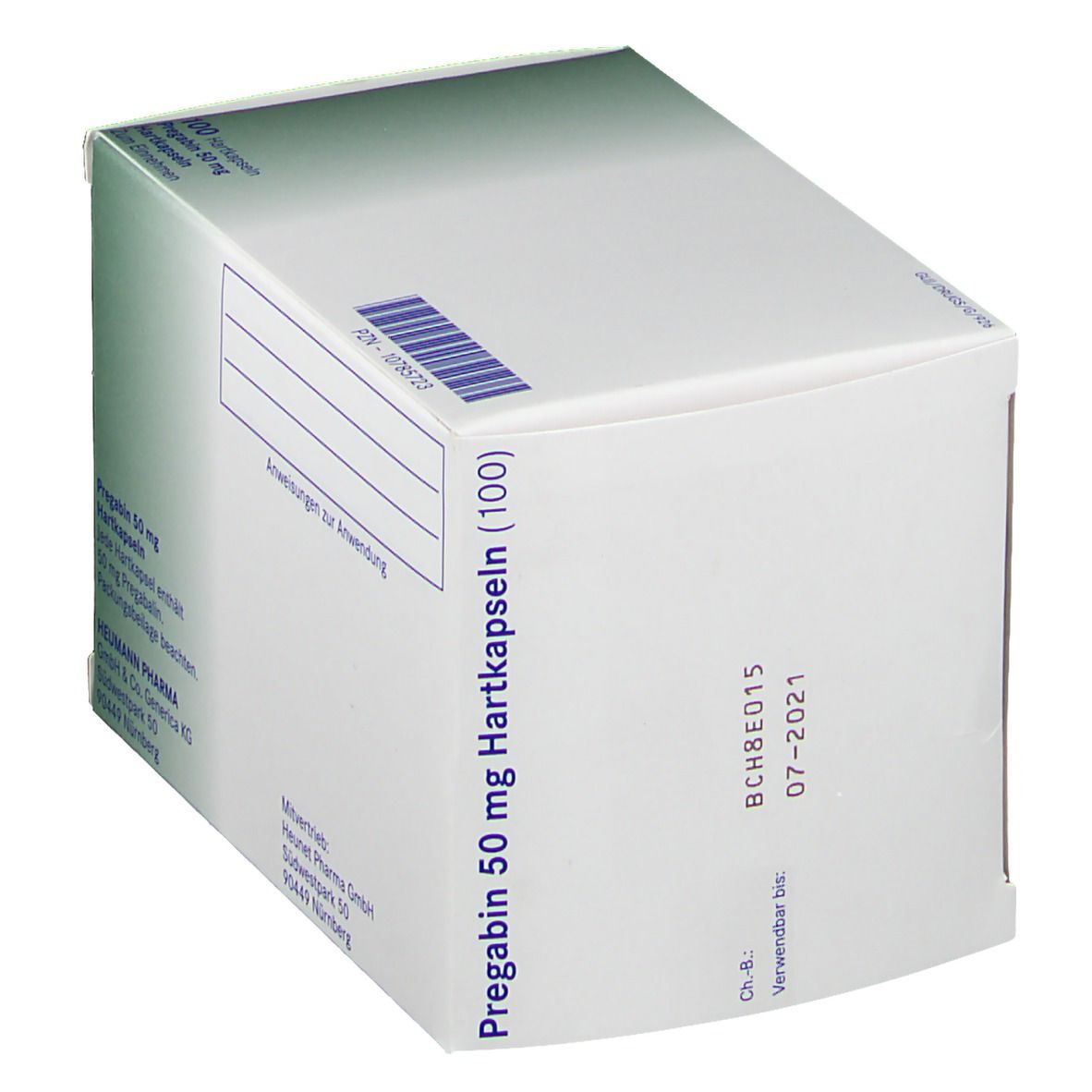 Schachtel PREGABIN 50 mg Hartkapseln. Aufschrift: 100 Hartkapseln. Hersteller: Heumann. Weiße Verpackung mit grünen Akzenten.