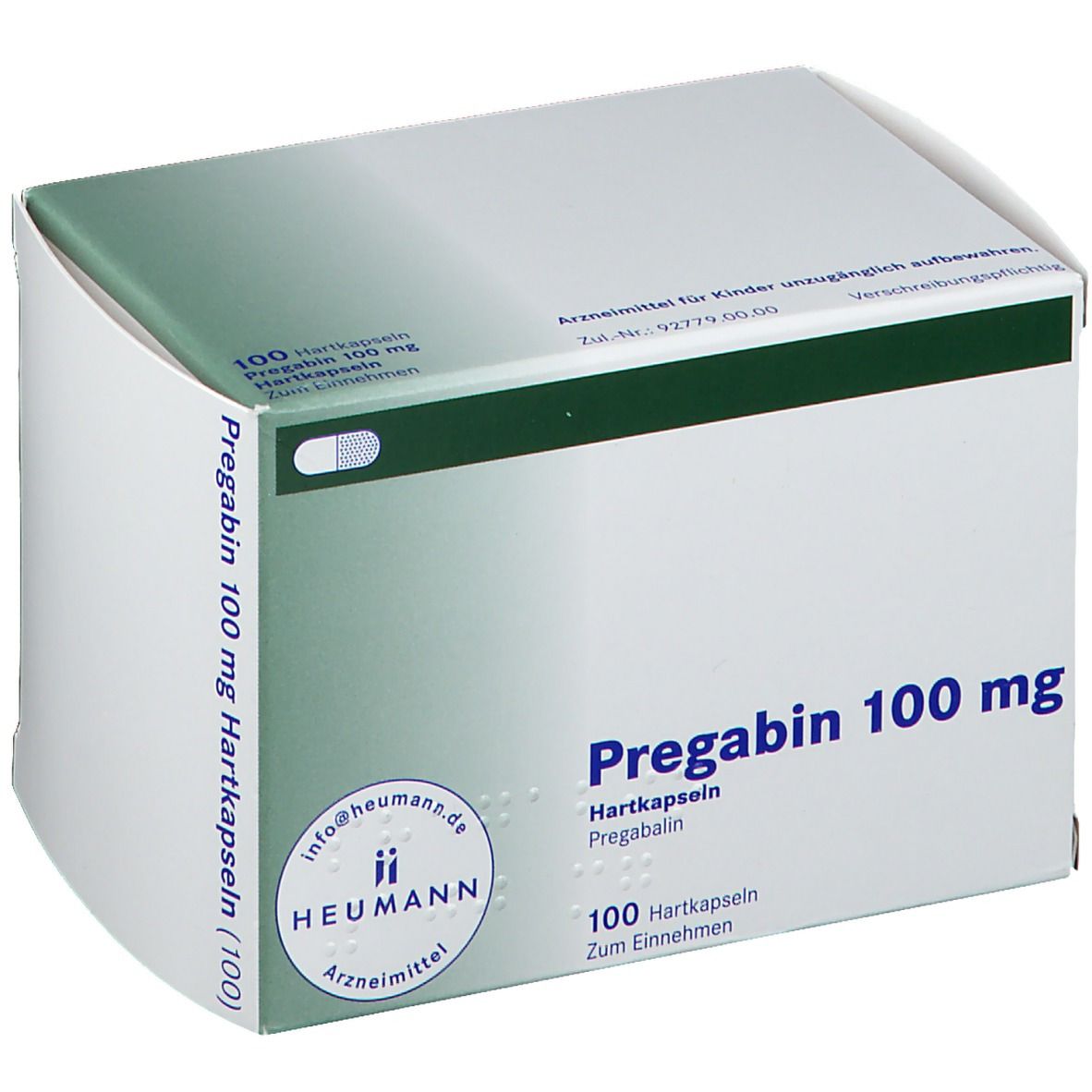 Weiße Faltschachtel mit grünen Akzenten. Aufschrift: Pregabin 100 mg Hartkapseln. Logo Heumann. 100 Hartkapseln.
