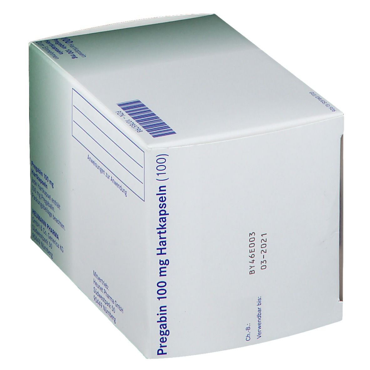 Weiße Faltschachtel mit grünen Akzenten. Aufschrift: Pregabin 100 mg Hartkapseln. Verfallsdatum 03-2021. Logo Heumann.