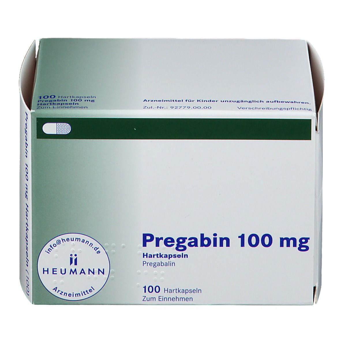 Weiße Faltschachtel mit grünen Akzenten. Aufschrift: Pregabin 100 mg Hartkapseln. Logo Heumann. 100 Hartkapseln.