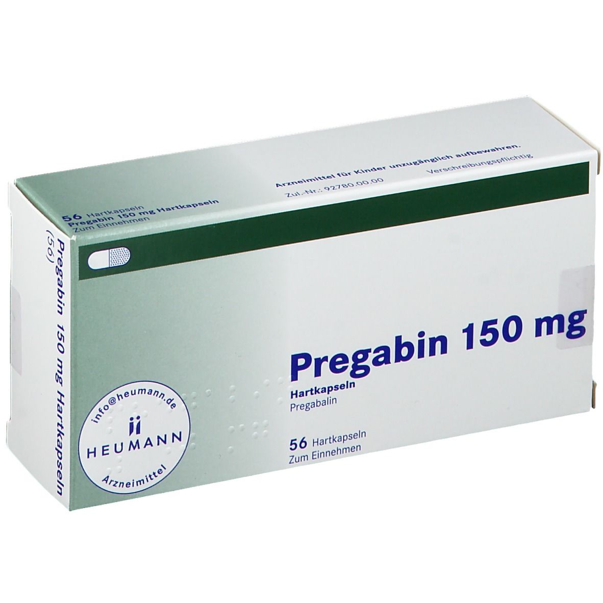 Verpackung von Pregabin 150 mg Hartkapseln. Aufschrift: 56 Hartkapseln. Heumann Pharma. Blaue Schrift auf weißem Hintergrund.