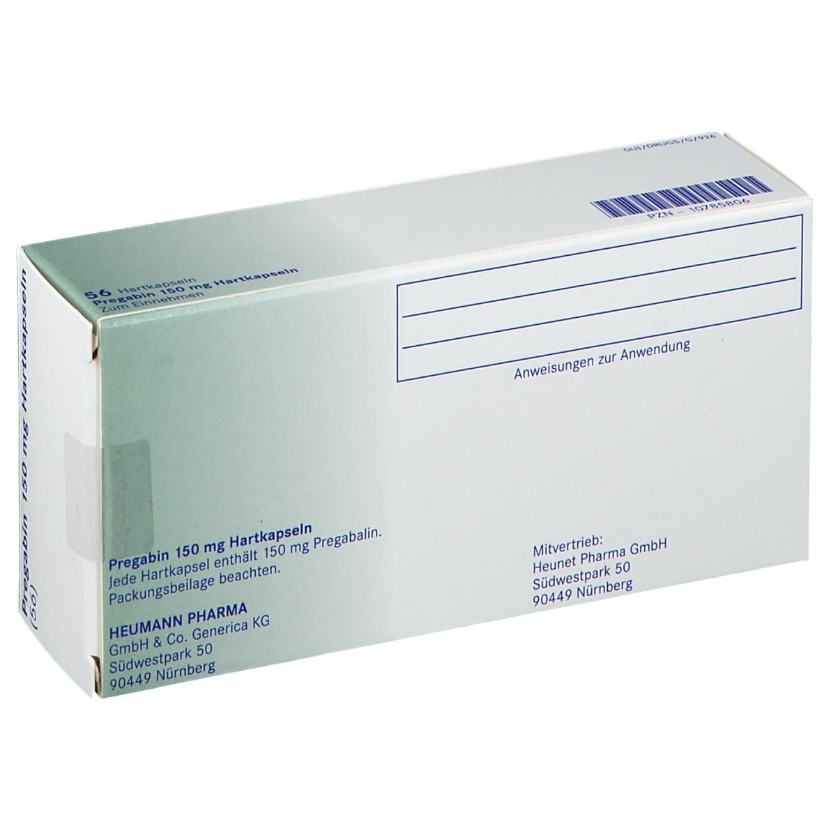 Rückseite der Verpackung von Pregabin 150 mg Hartkapseln. Textfelder für Anweisungen und Herstellerinformationen.