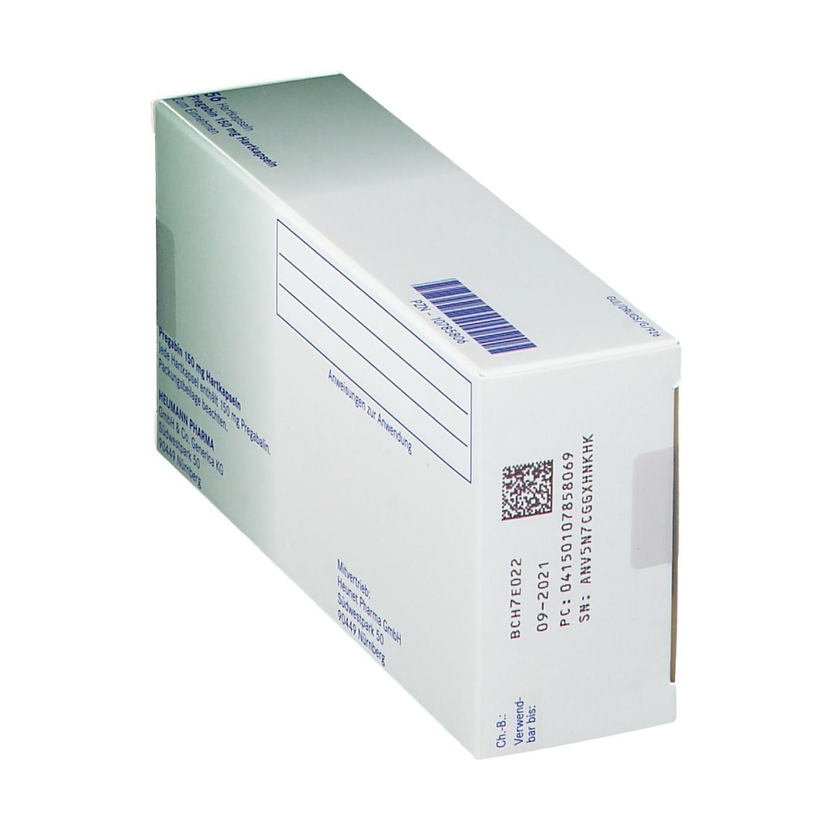 Schräg gestellte Rückseite der Verpackung von Pregabin 150 mg Hartkapseln. Textfelder und Barcode.