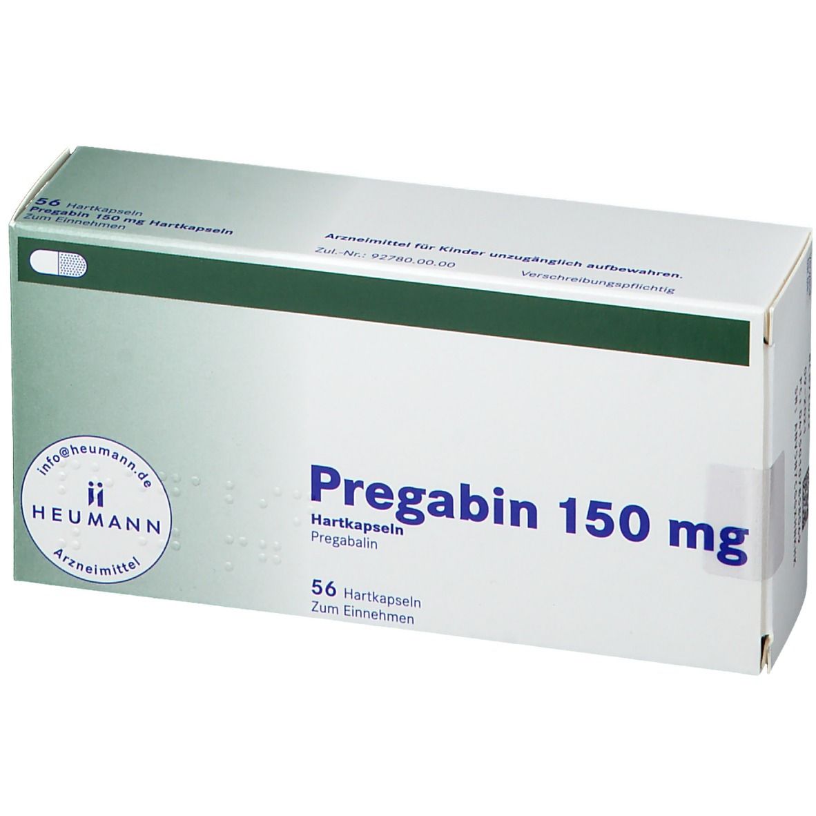 Verpackung von Pregabin 150 mg Hartkapseln. Aufschrift: 56 Hartkapseln. Heumann Pharma. Blaue Schrift auf weißem Hintergrund.