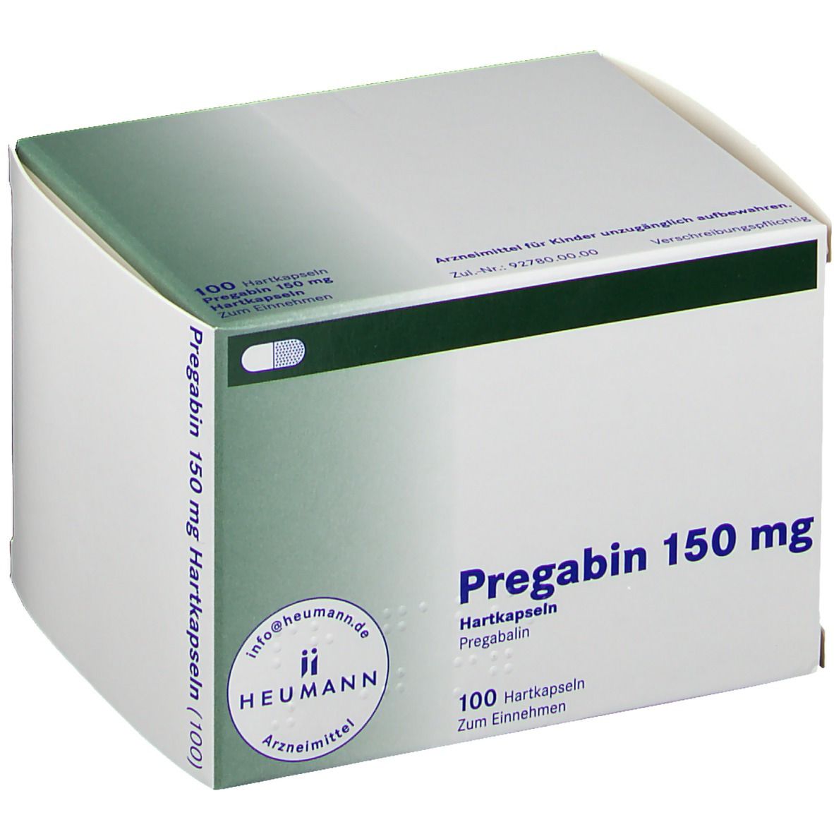 Karton PREGABIN 150 mg Hartkapseln. Aufschrift: 100 Hartkapseln, HEUMANN, Pregabalin. Grün-weiße Verpackung.
