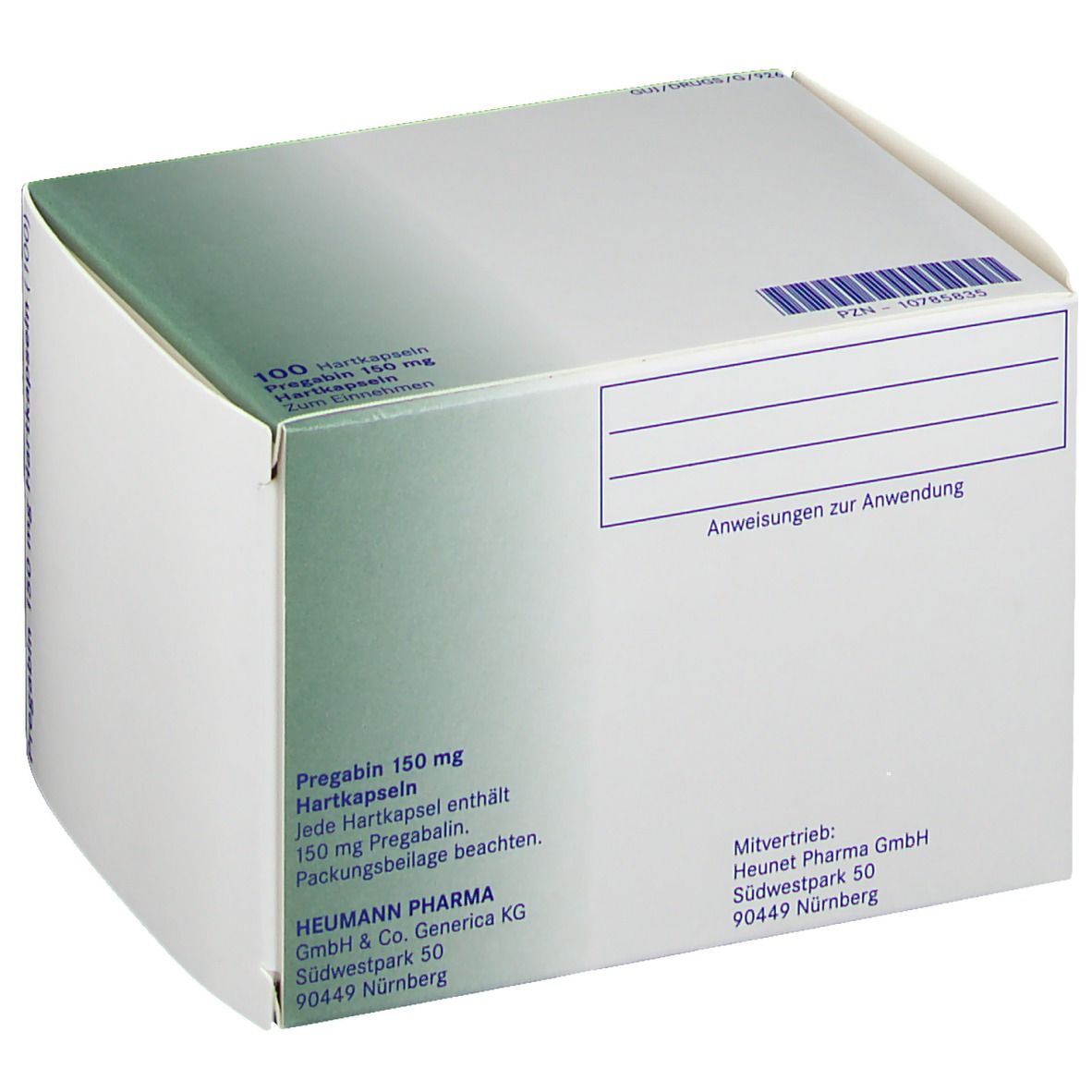 Karton PREGABIN 150 mg Hartkapseln. Aufschrift: 100 Hartkapseln. Weiße Verpackung mit grünen Akzenten. Barcode.