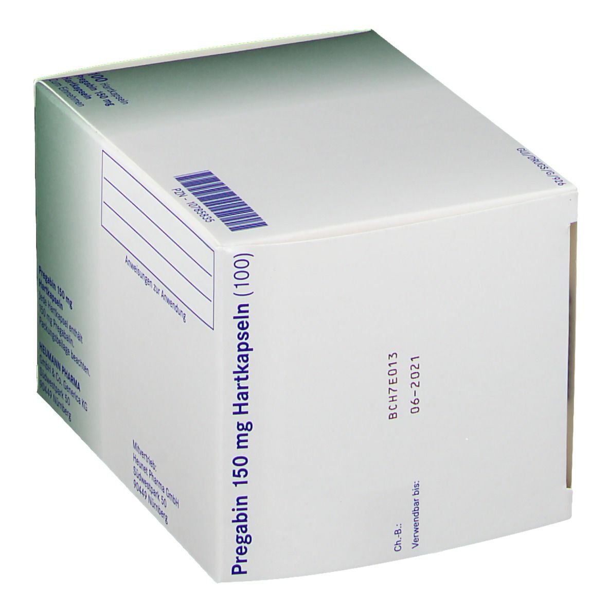 Karton PREGABIN 150 mg Hartkapseln. Aufschrift: 100 Hartkapseln. Weiße Verpackung mit grünen Akzenten. Chargennummer.