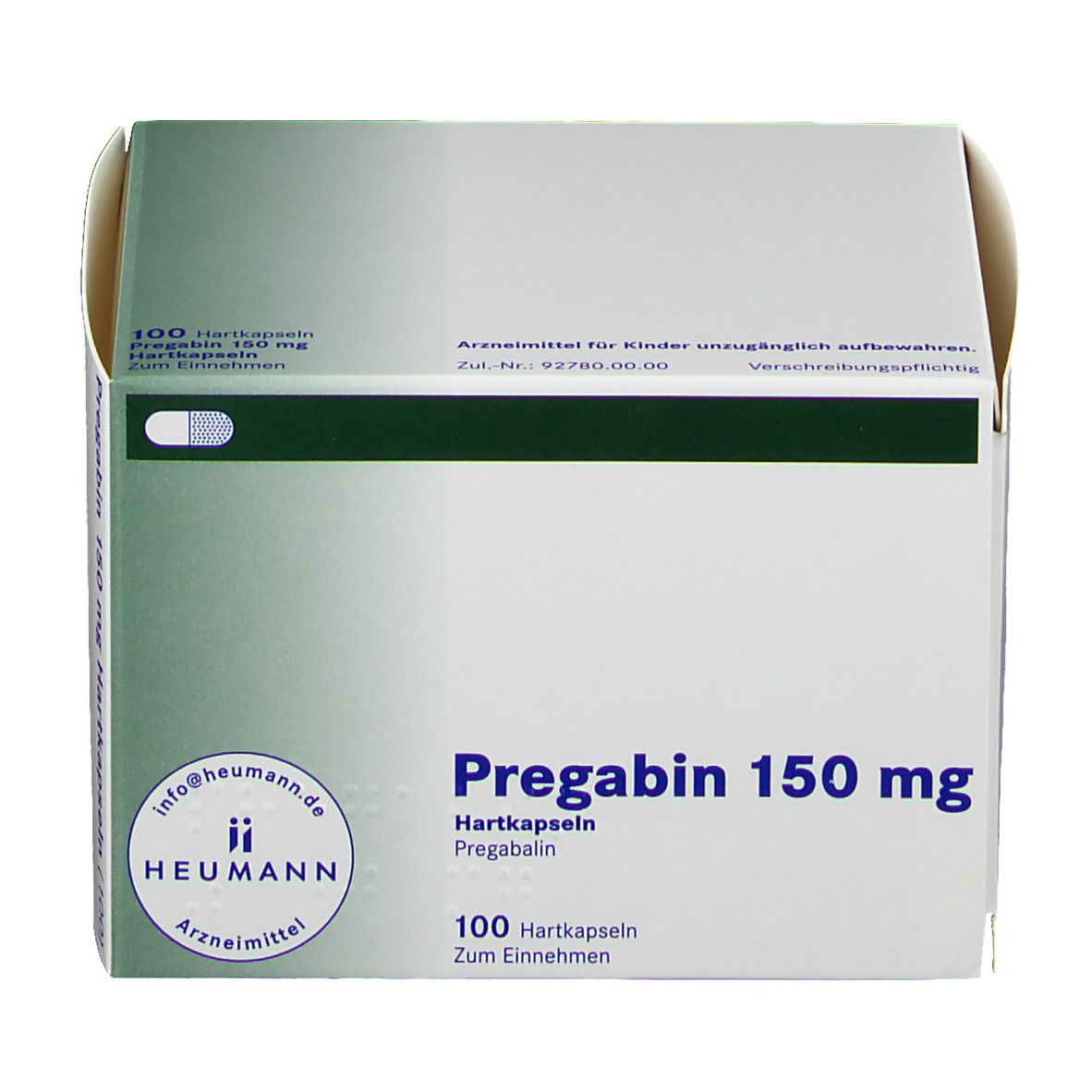 Karton PREGABIN 150 mg Hartkapseln. Aufschrift: 100 Hartkapseln, HEUMANN, Pregabalin. Grün-weiße Verpackung.