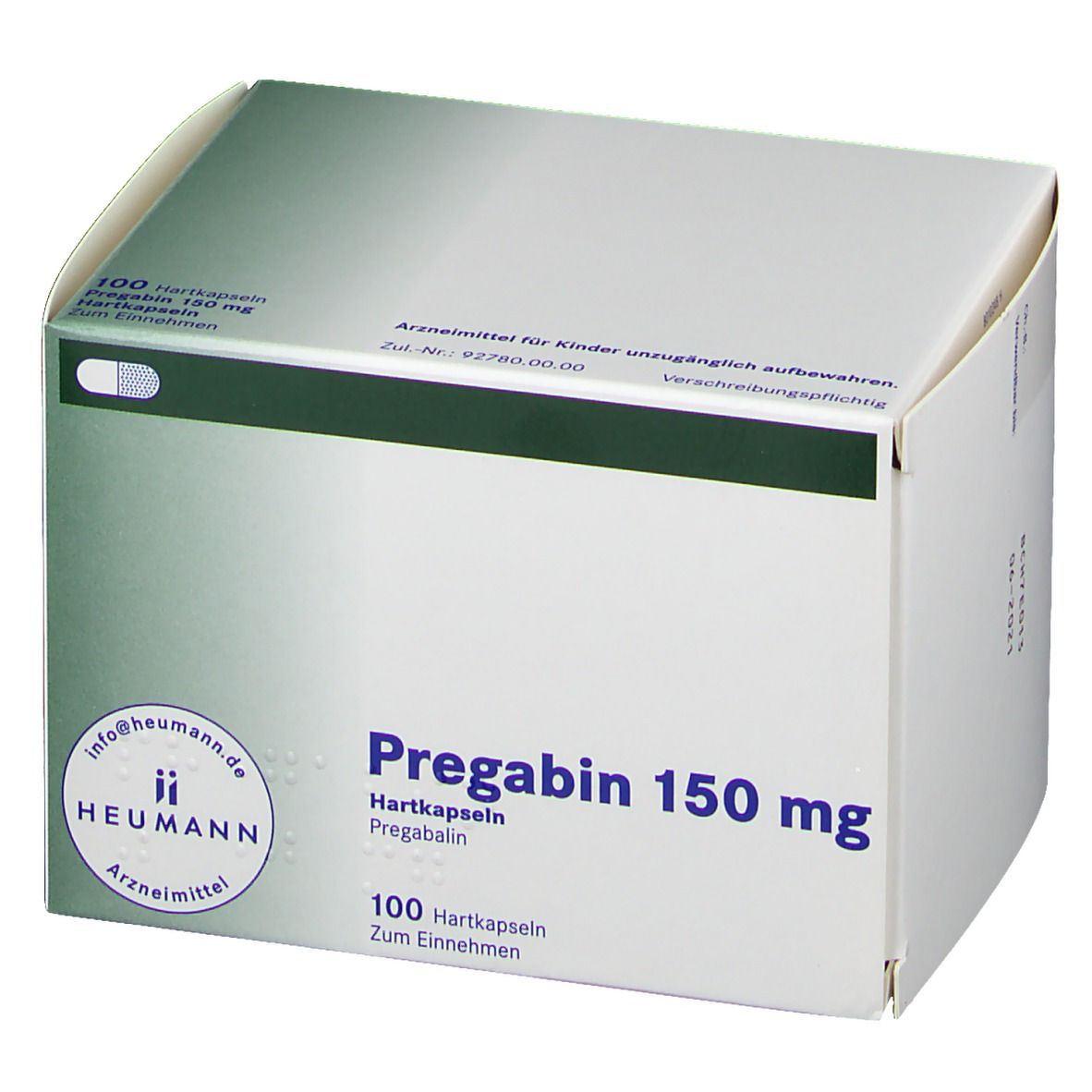Karton PREGABIN 150 mg Hartkapseln. Aufschrift: 100 Hartkapseln, HEUMANN, Pregabalin. Grün-weiße Verpackung.