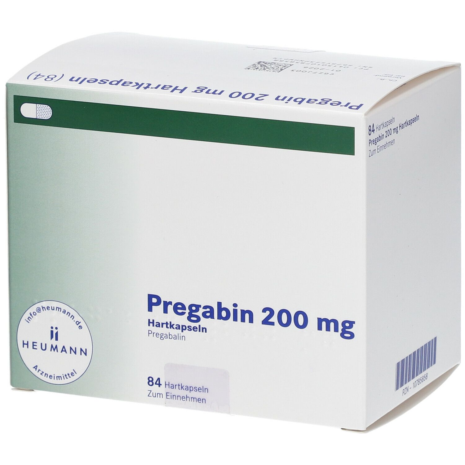 Weiße Faltschachtel mit grünen Akzenten. Aufschrift: Pregabin 200 mg Hartkapseln. 84 Hartkapseln. Heumann Logo.
