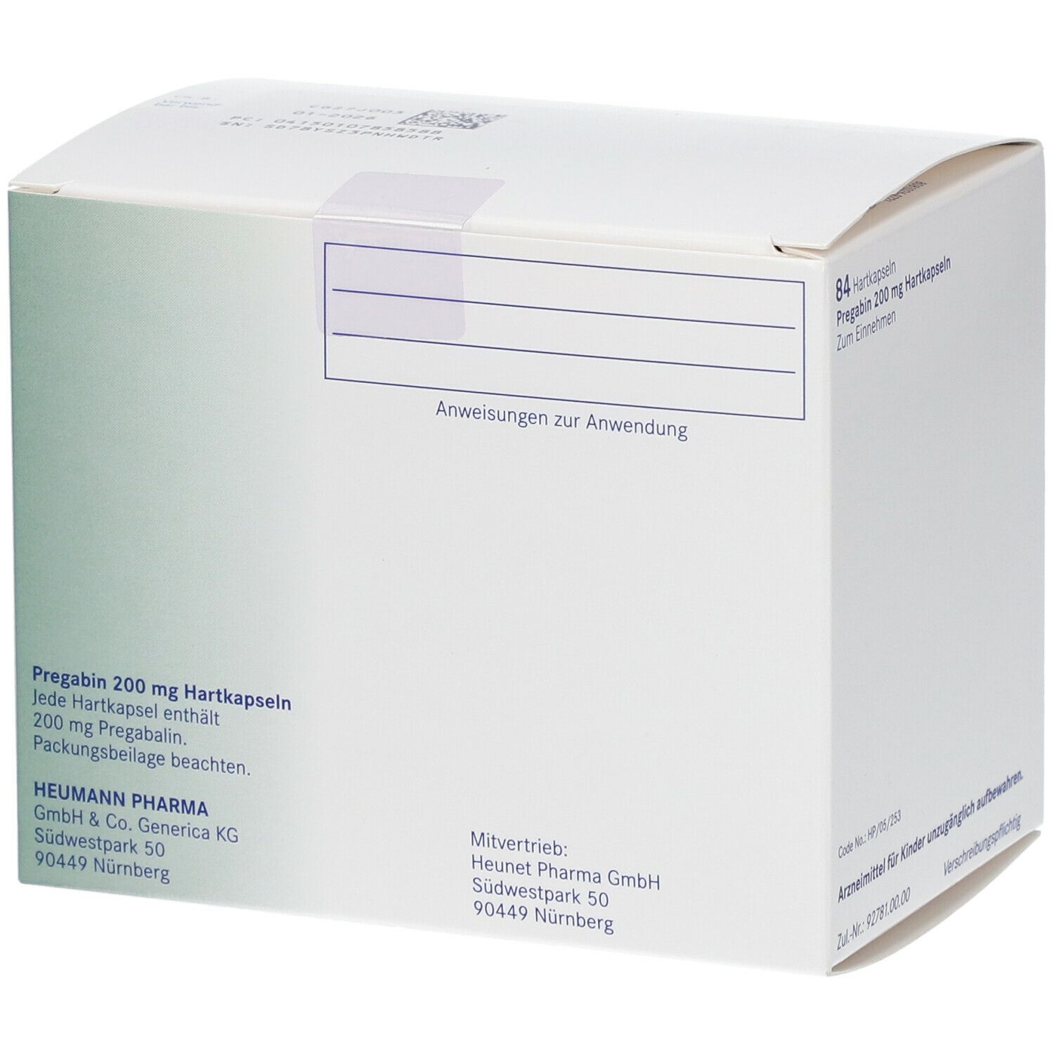 Weiße Faltschachtel, Rückseite. Aufschrift: Pregabin 200 mg Hartkapseln. Herstellerinformationen. Textfeld für Anwendungshinweise.
