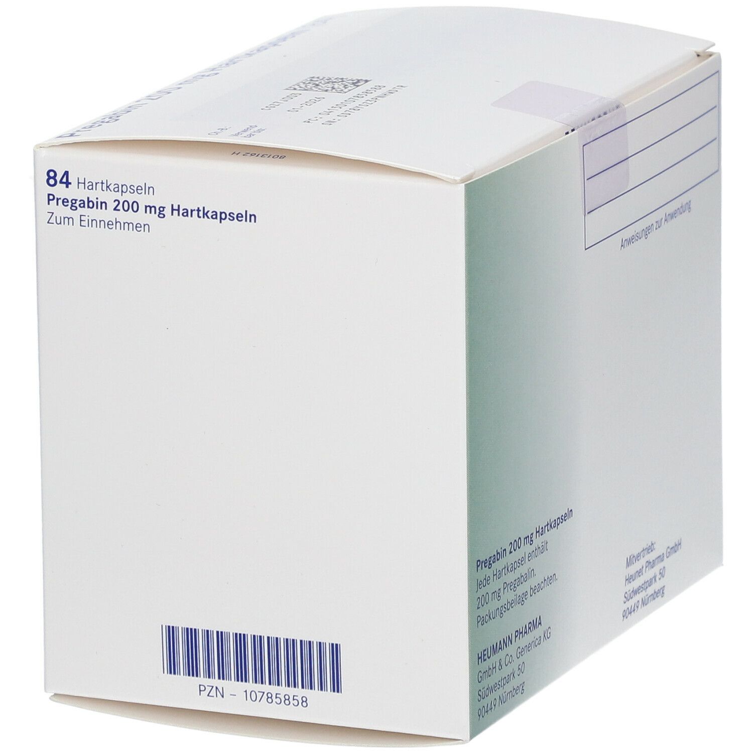 Weiße Faltschachtel, Rückseite. Aufschrift: Pregabin 200 mg Hartkapseln. Herstellerinformationen. PZN-Nummer.
