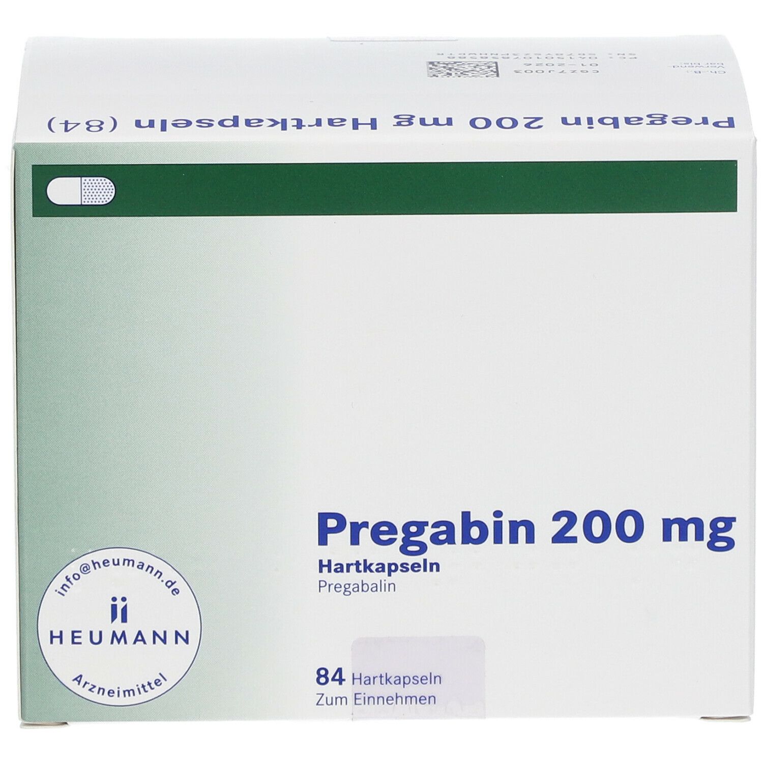Weiße Faltschachtel mit grünen Akzenten. Aufschrift: Pregabin 200 mg Hartkapseln. 84 Hartkapseln. Heumann Logo.