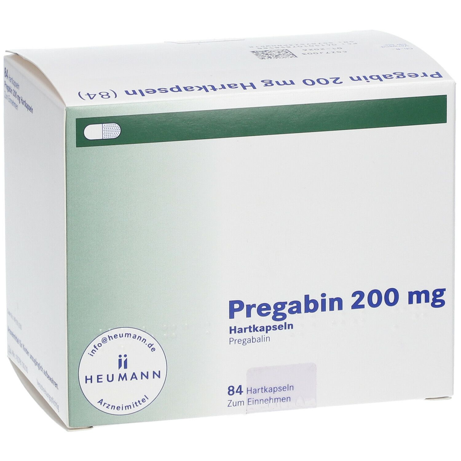 Weiße Faltschachtel mit grünen Akzenten. Aufschrift: Pregabin 200 mg Hartkapseln. 84 Hartkapseln. Heumann Logo.