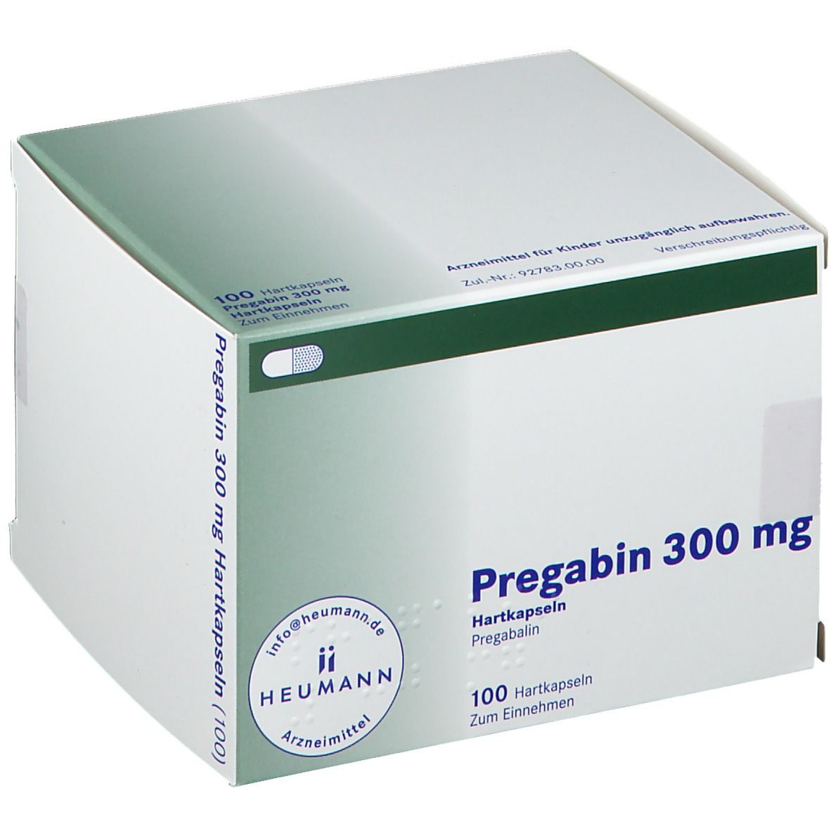 Weiße Kartonverpackung mit grünen Akzenten. Aufschrift: Pregabin 300 mg Hartkapseln. 100 Hartkapseln. Heumann Logo.