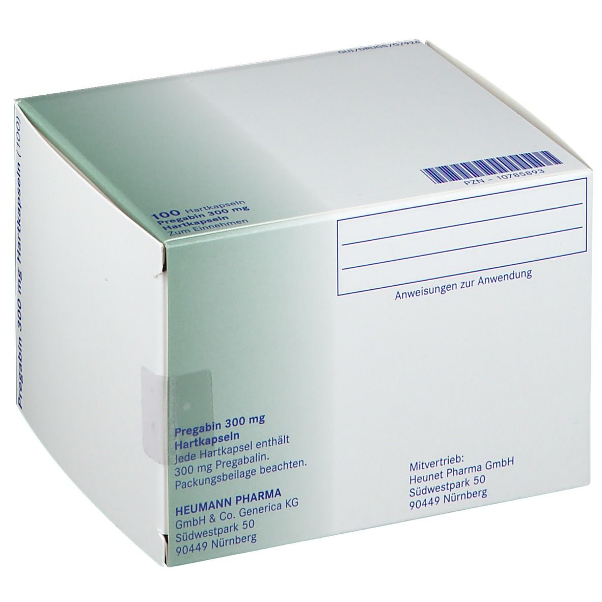 Kartonverpackung mit Pregabin 300 mg. Aufdrucke: Anweisungen zur Anwendung, Heumann Pharma GmbH.