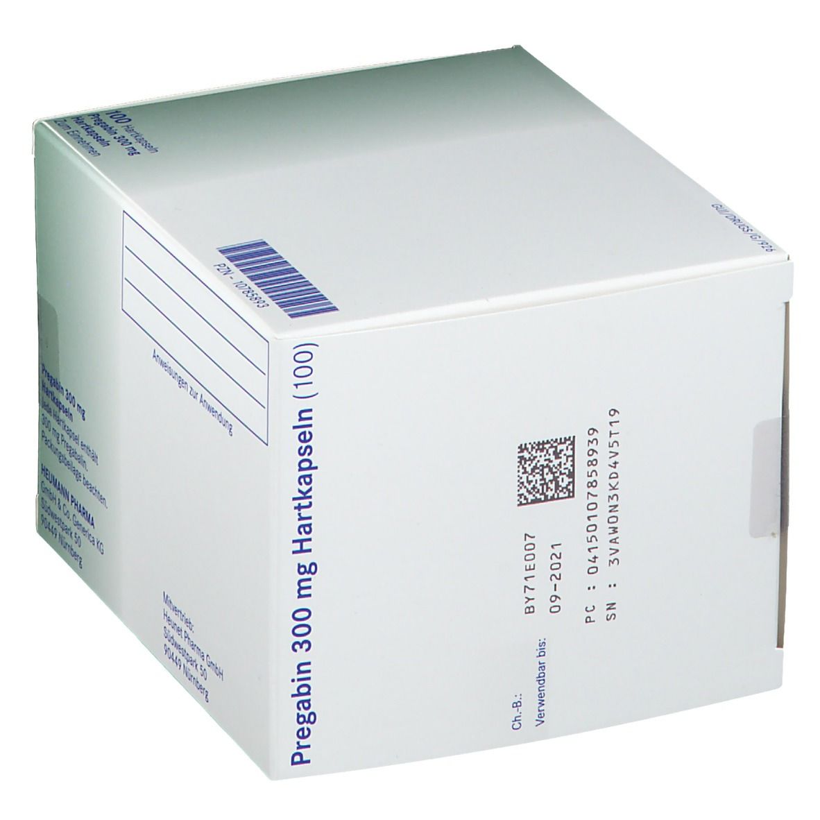 Kartonverpackung mit Pregabin 300 mg. Aufdrucke: Anweisungen zur Anwendung, Barcode, Chargennummer, Verfallsdatum.