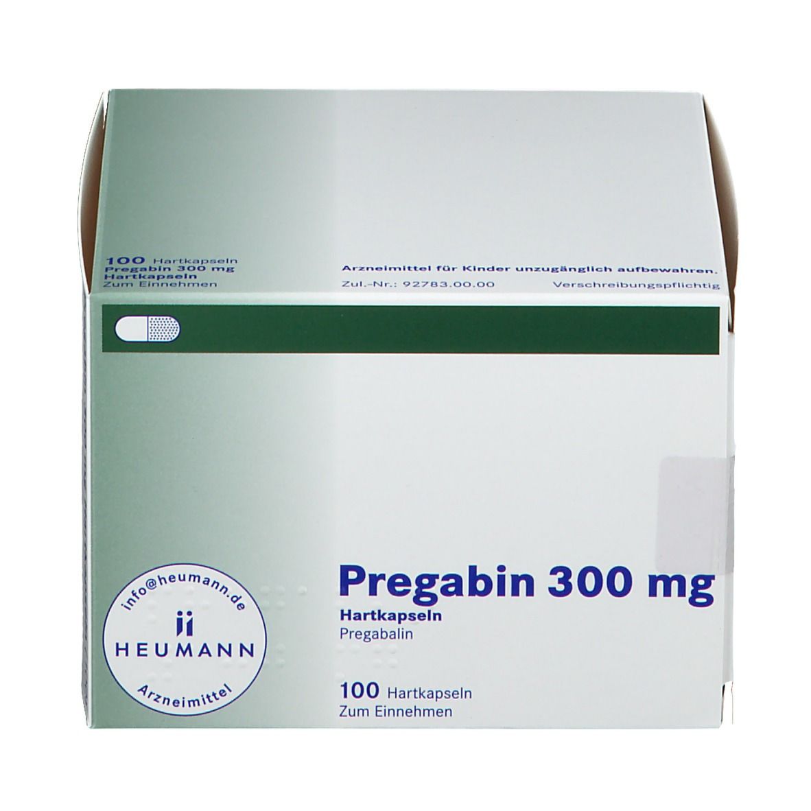 Weiße Kartonverpackung mit grünen Akzenten. Aufschrift: Pregabin 300 mg Hartkapseln. 100 Hartkapseln. Heumann Logo.
