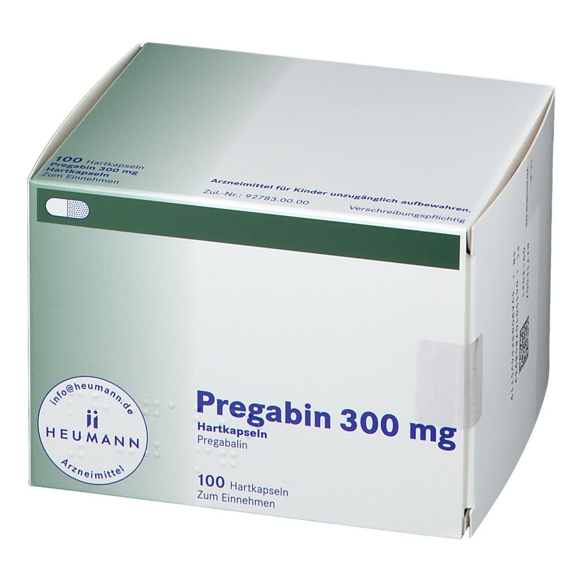 Weiße Kartonverpackung mit grünen Akzenten. Aufschrift: Pregabin 300 mg Hartkapseln. 100 Hartkapseln. Heumann Logo.