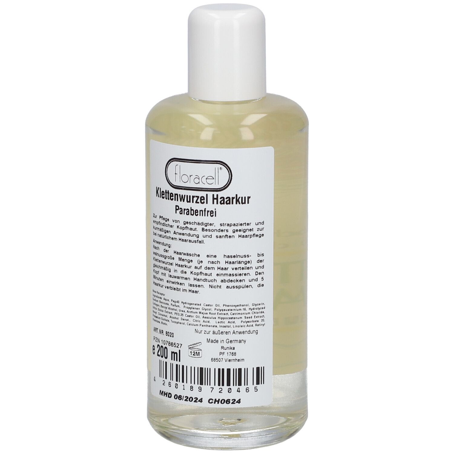 Flasche mit klarer Flüssigkeit und weißem Deckel. Etikett mit Text: floracell, Klettenwurzel Haarkur, 200 ml, Parabefrei.