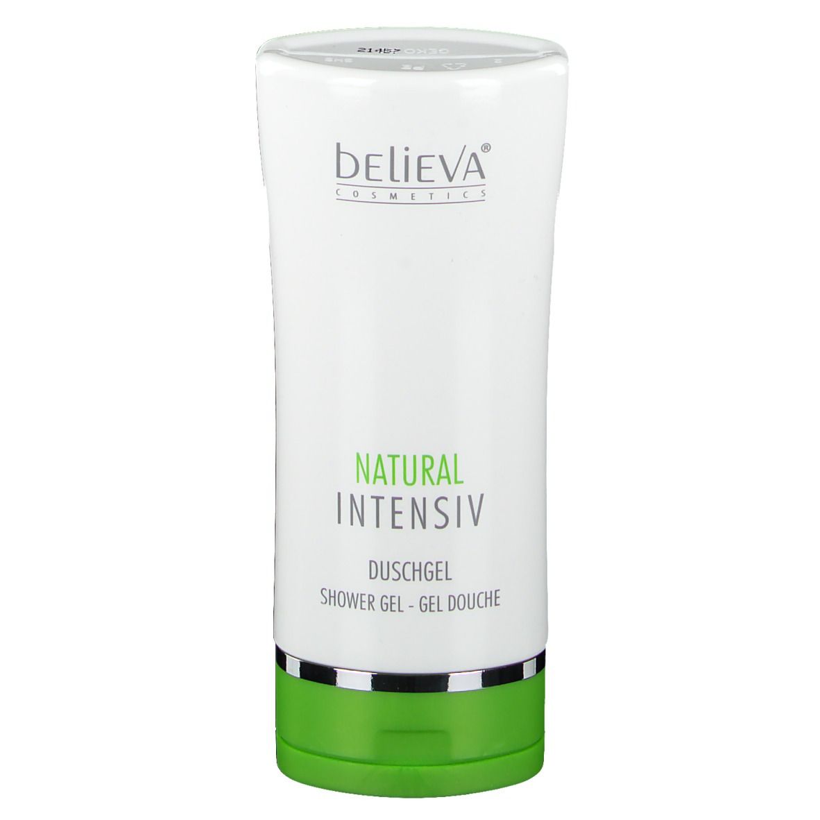 Weiß-grüne Tube mit "believa" und "NATURAL INTENSIV Duschgel".