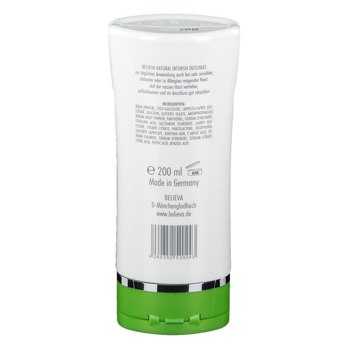 Rückseite der Tube mit Inhaltsstoffen, "e 200 ml" und Herstellerangaben.