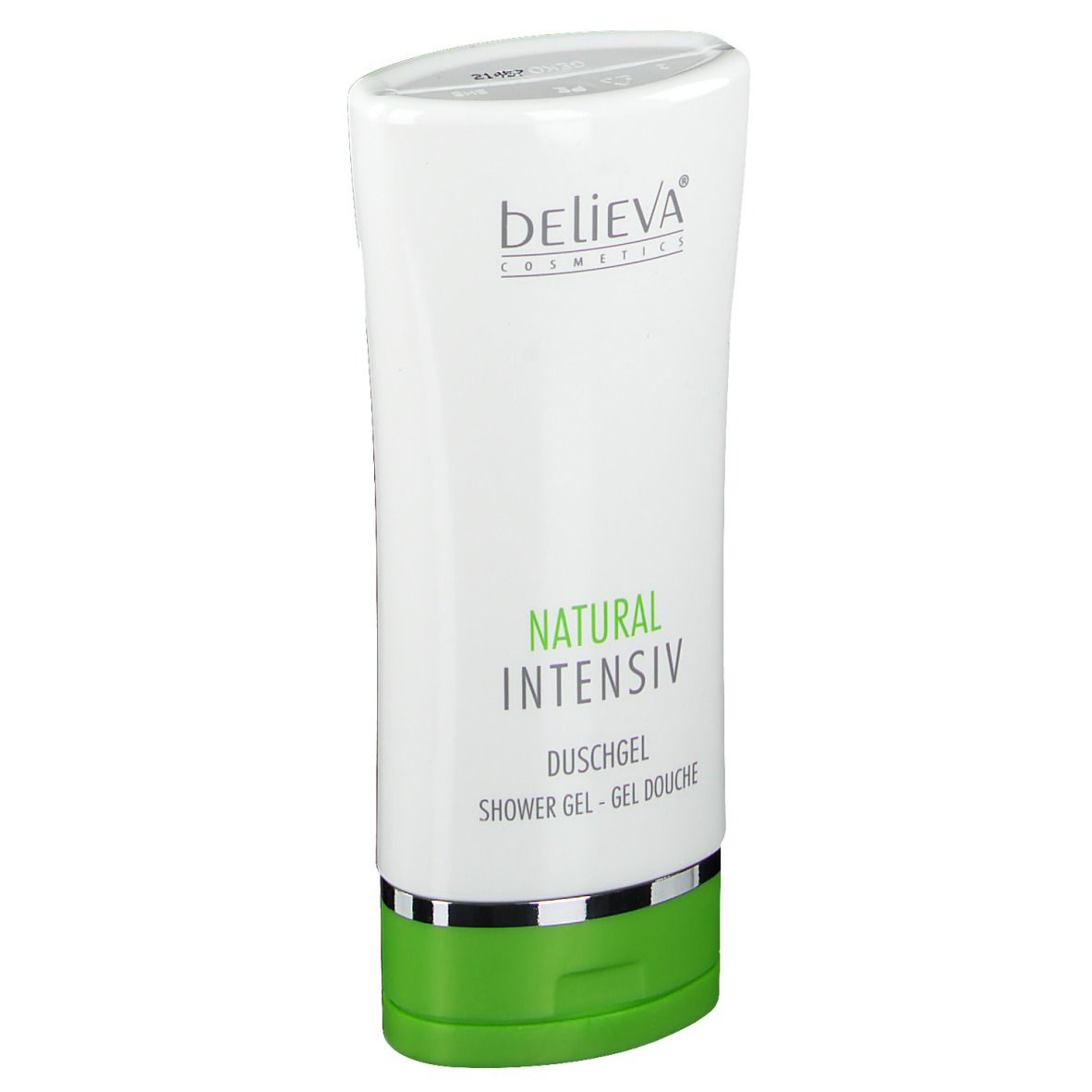 Weiß-grüne Tube mit "believa" und "NATURAL INTENSIV Duschgel".