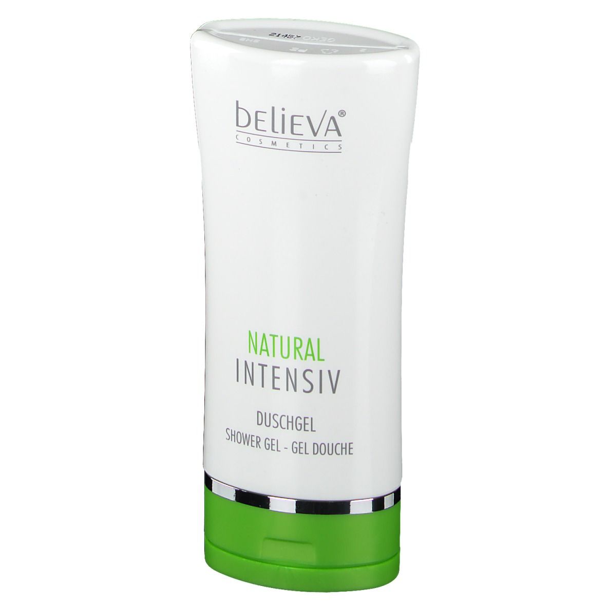 Weiß-grüne Tube mit "believa" und "NATURAL INTENSIV Duschgel".