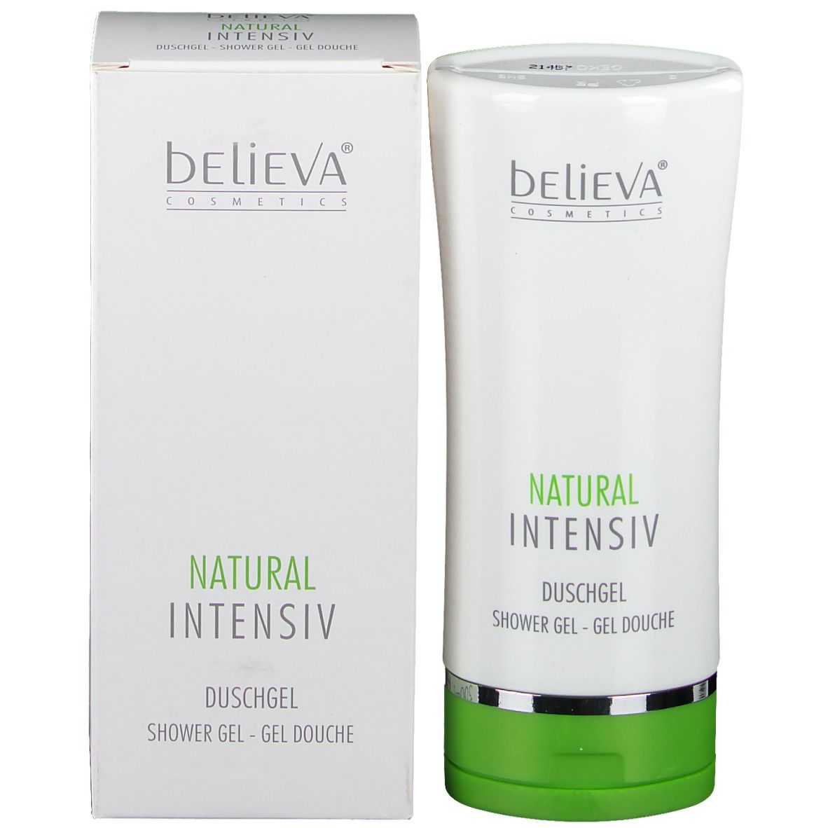 Tube und Karton mit "believa" und "NATURAL INTENSIV Duschgel".