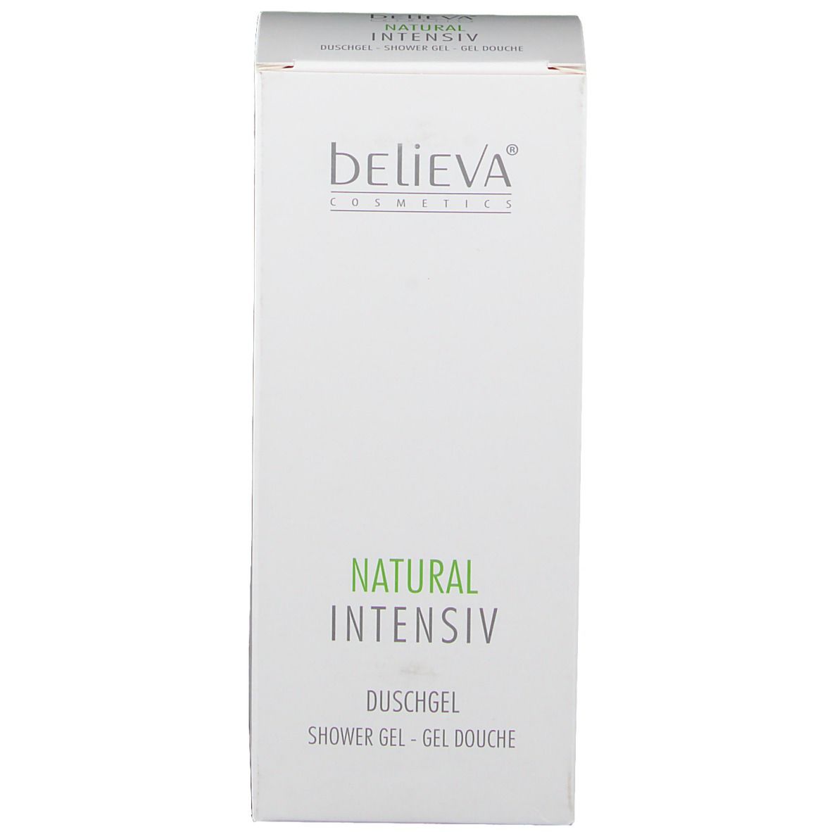 Karton mit "believa" und "NATURAL INTENSIV Duschgel".