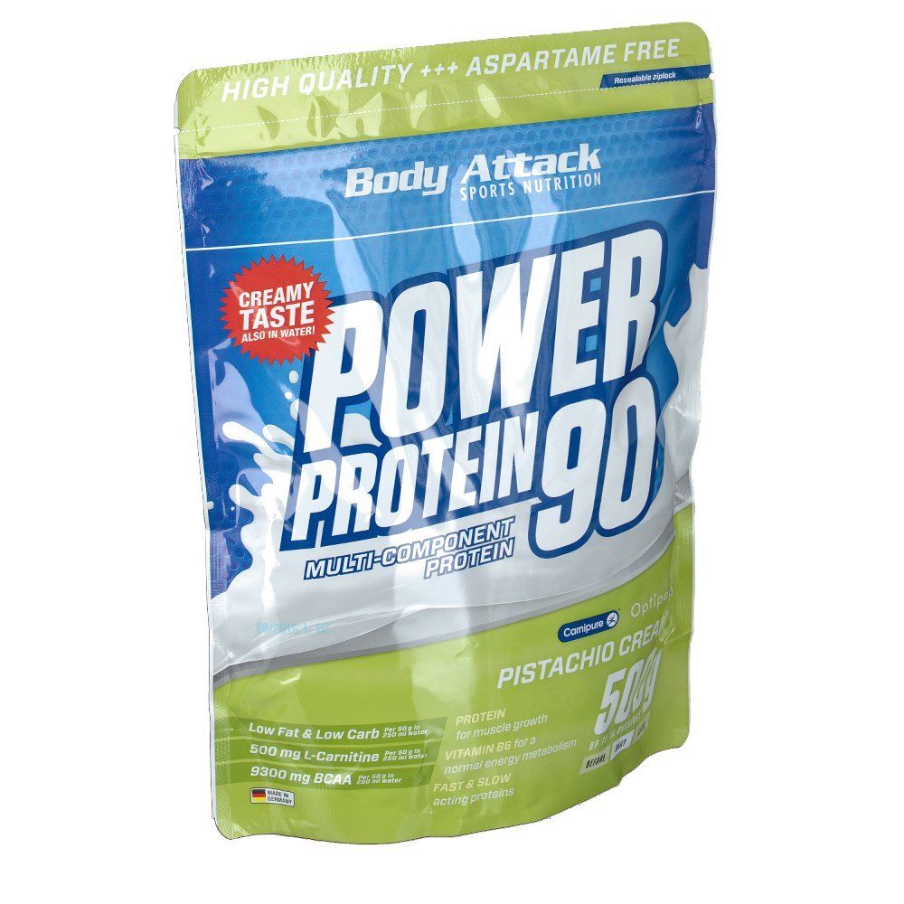 Beutel mit Power Protein 90 Pistachio Cream. Blaue Verpackung mit weißer Schrift. Enthält 500g. Aspartamfrei.