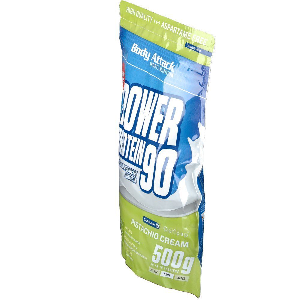 Power Protein 90 Pistachio Cream Beutel, schräg. Blaue Verpackung mit weißer Schrift. Enthält 500g. Aspartamfrei.