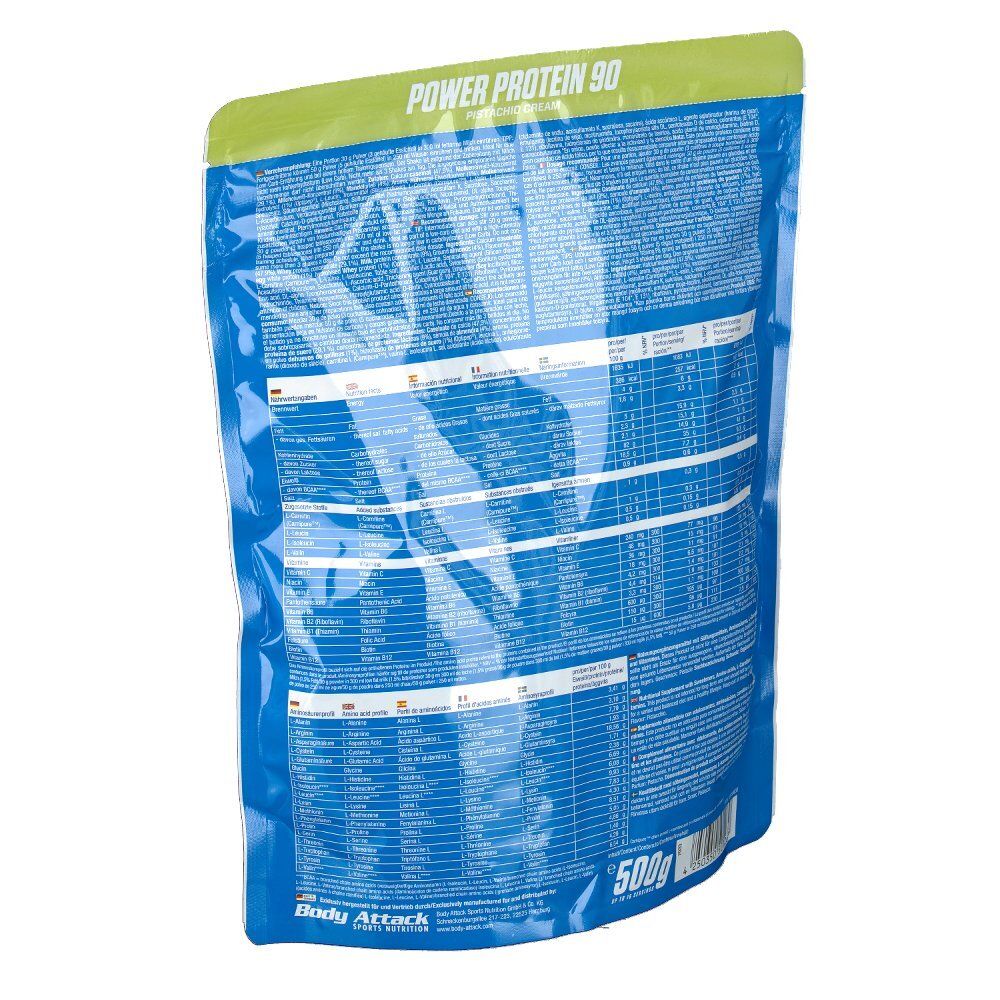Rückseite des Power Protein 90 Pistachio Cream Beutels. Blaue Verpackung mit weißen Texten. Enthält 500g. Nährwertangaben.