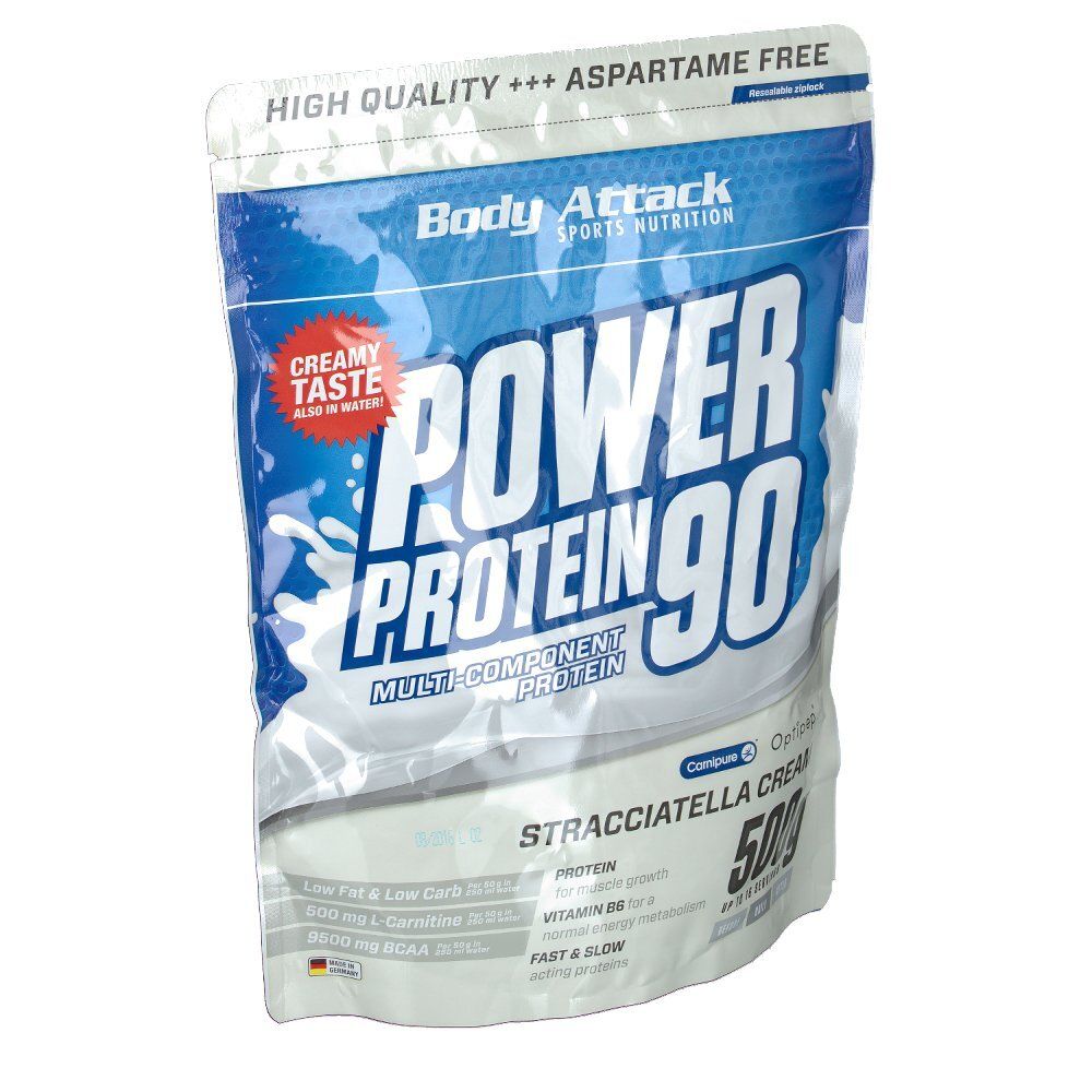 Sachet de Body Attack Power Protein 90 Stracciatella Cream. Texte principal : Power Protein 90. Contient 500g. Sans aspartame.