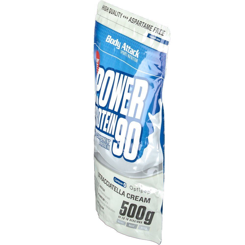 Sachet Body Attack Power Protein 90 Stracciatella Cream, en biais. Texte principal : Power Protein 90. Contient 500g. Sans aspartame.