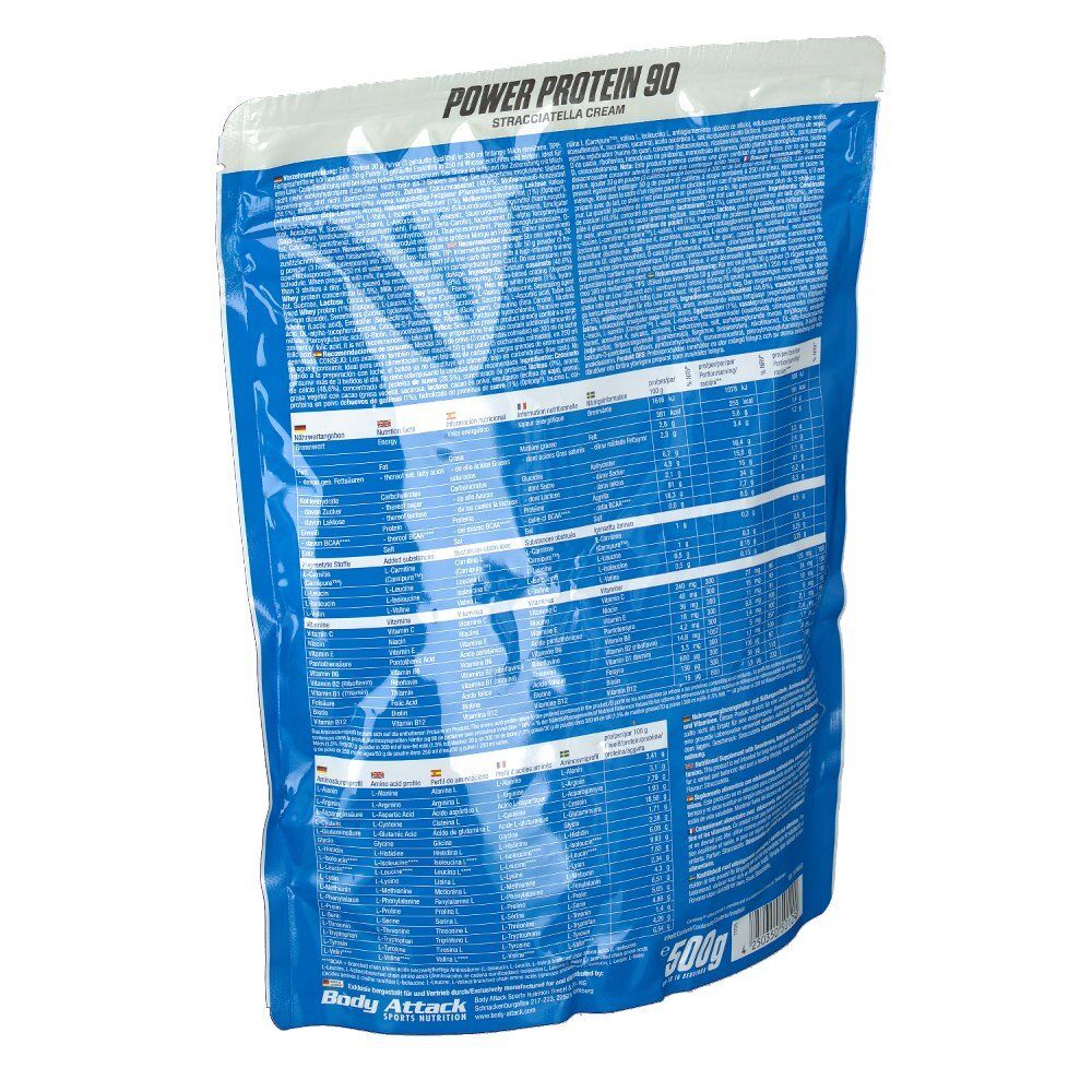 Dos du sachet Body Attack Power Protein 90 Stracciatella Cream. Texte principal : Power Protein 90. Contient 500g.