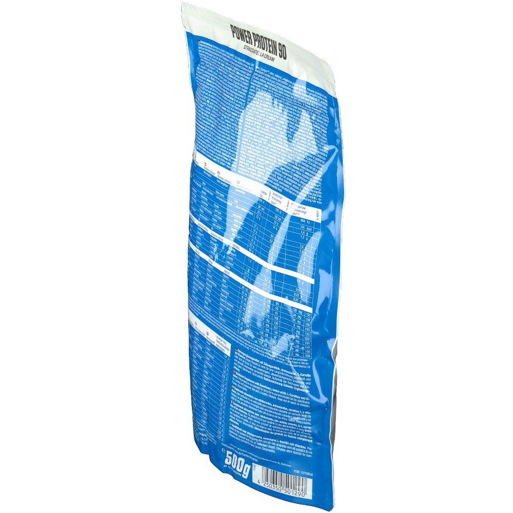 Vue oblique du dos du sachet Body Attack Power Protein 90 Stracciatella Cream. Contient 500g.